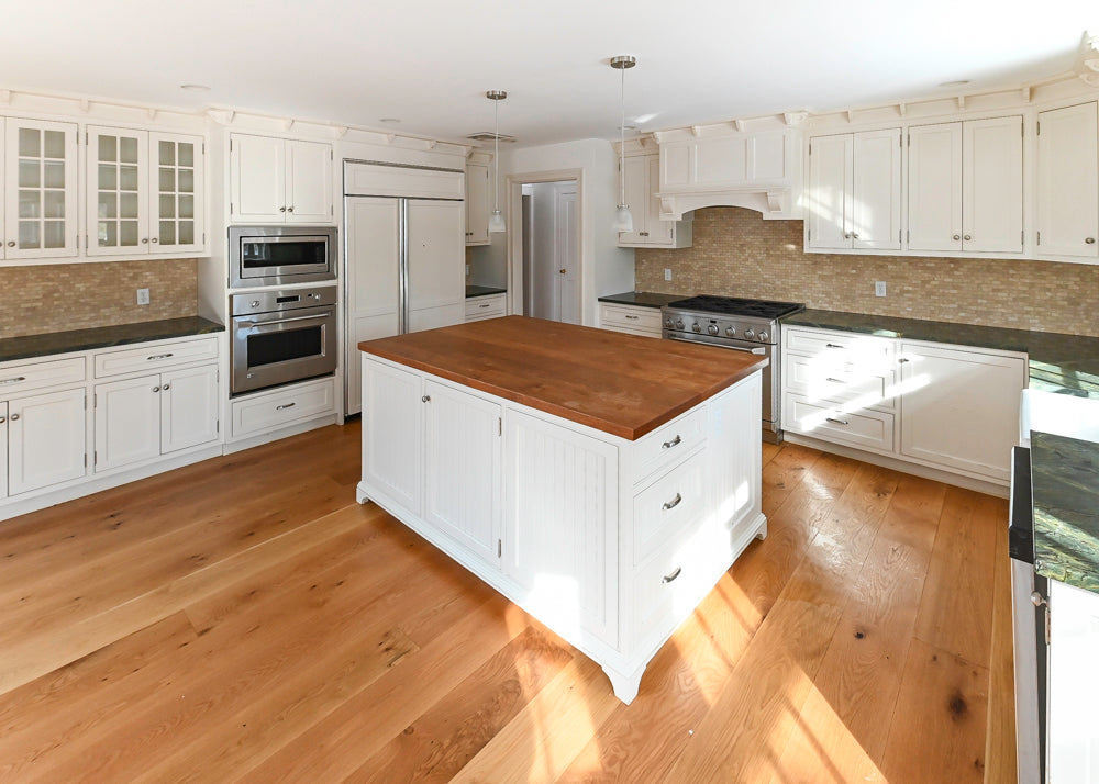 Custom Traditional White Kitchen with Wood Top Island & Monogram Appliances