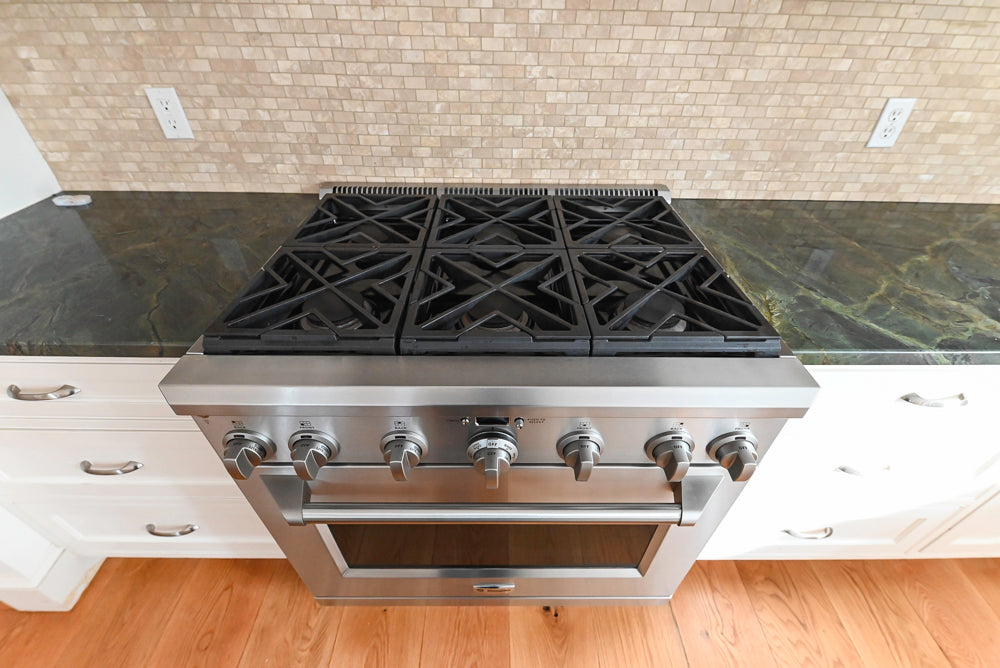 "The Providence" Custom Traditional White Kitchen with Wood Top Island & Monogram Appliances
