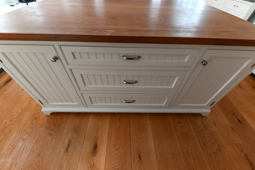 "The Providence" Custom Traditional White Kitchen with Wood Top Island & Monogram Appliances