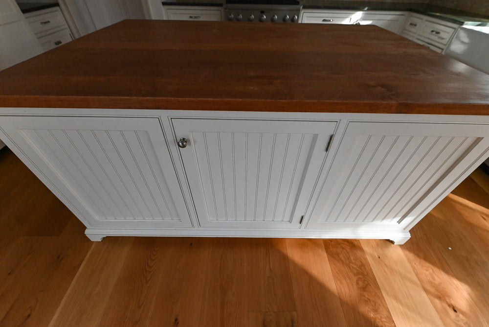 "The Providence" Custom Traditional White Kitchen with Wood Top Island & Monogram Appliances
