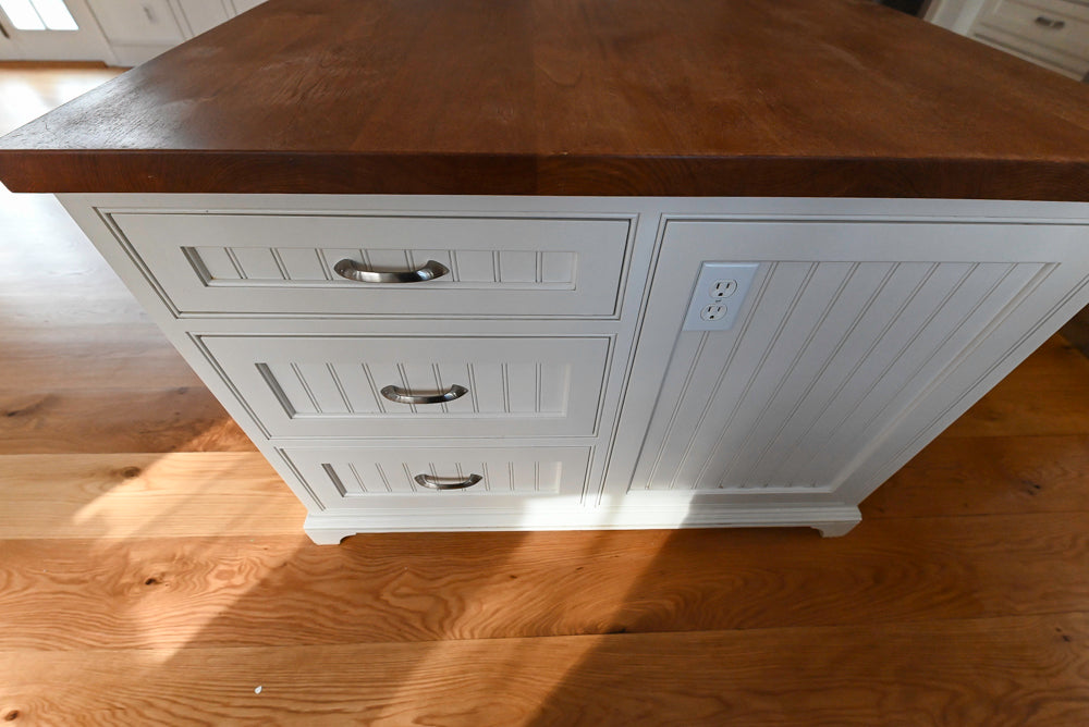 "The Providence" Custom Traditional White Kitchen with Wood Top Island & Monogram Appliances