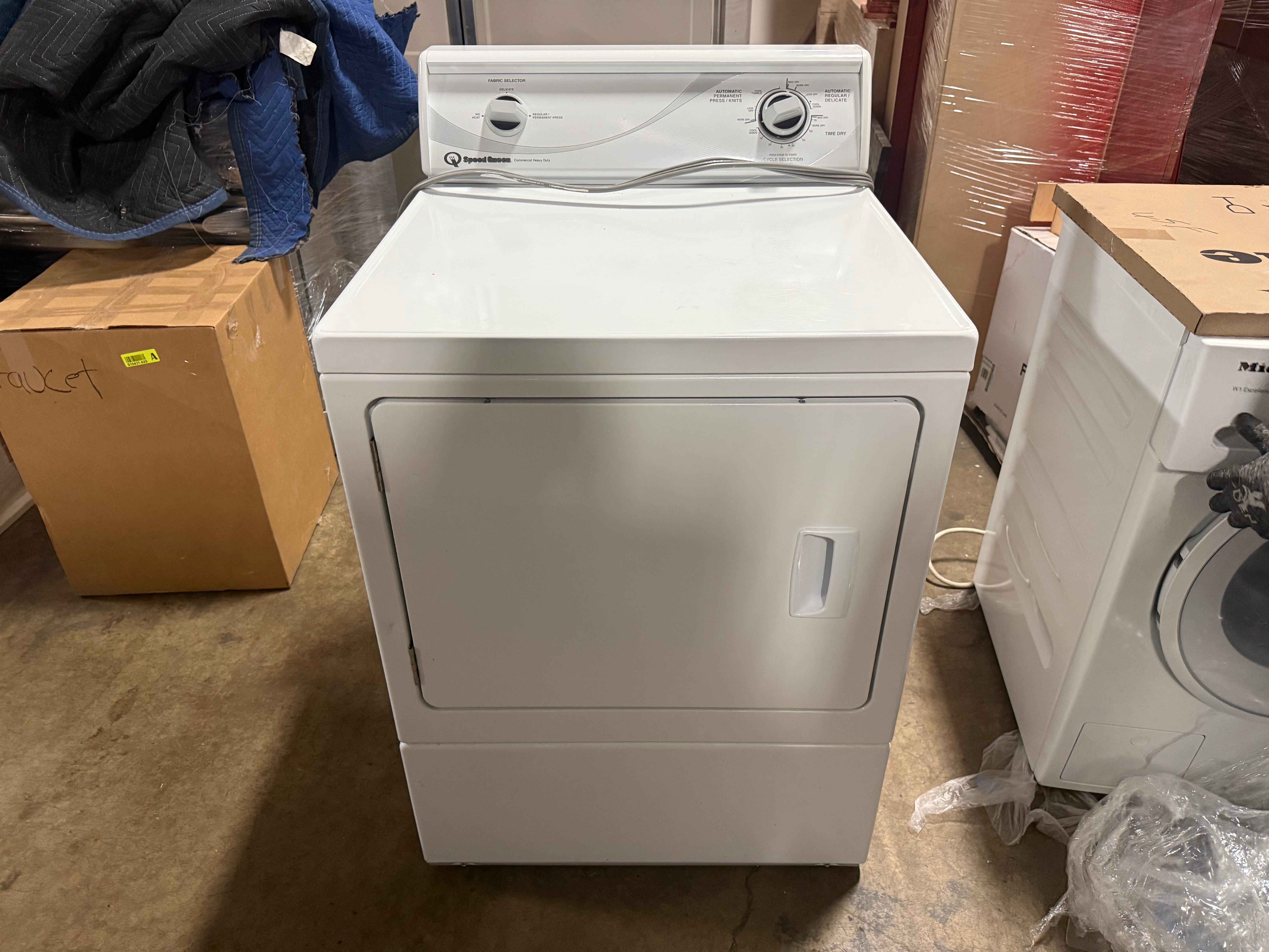 Speed Queen 27 inch white electric dryer with rear mechanical controls