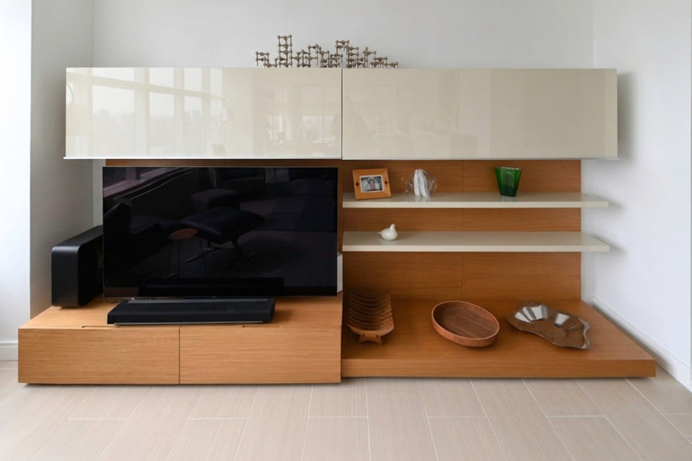 Poliform modern minimalist entertainment wall unit in neutral matte finish
