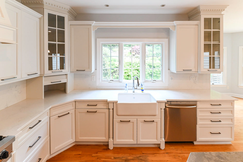 "The Montgomery" Transitional White Kitchen with Blue Island & Appliances