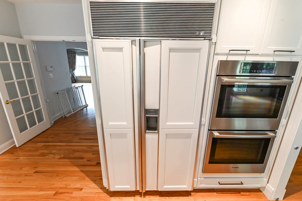 "The Montgomery" Transitional White Kitchen with Blue Island & Appliances