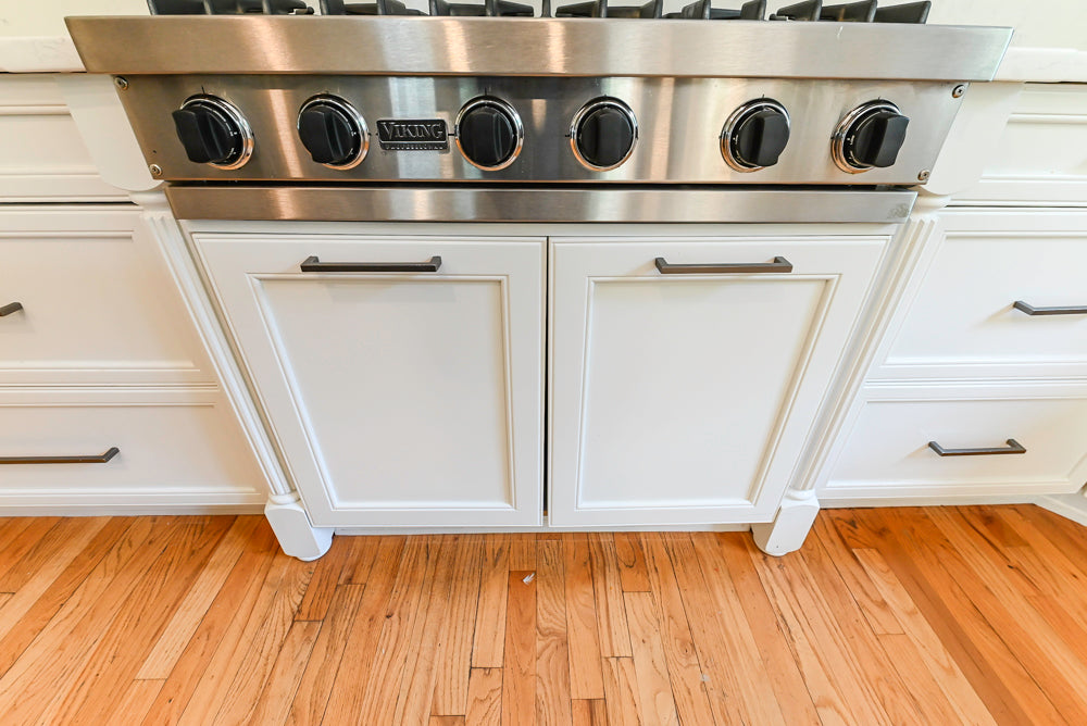 "The Montgomery" Transitional White Kitchen with Blue Island & Appliances