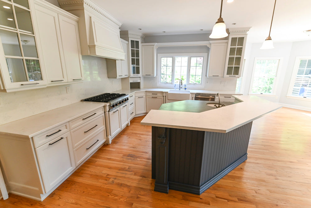 "The Montgomery" Transitional White Kitchen with Blue Island & Appliances