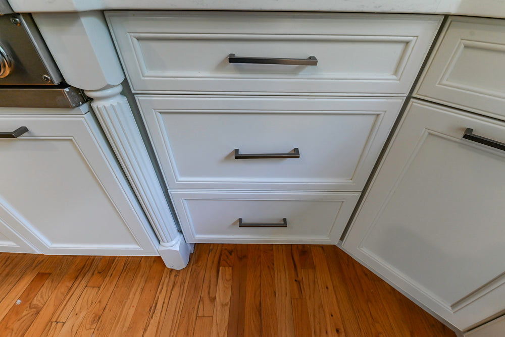 "The Montgomery" Transitional White Kitchen with Blue Island & Appliances