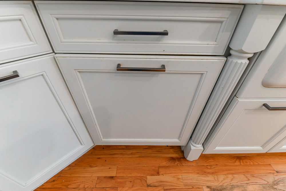 "The Montgomery" Transitional White Kitchen with Blue Island & Appliances