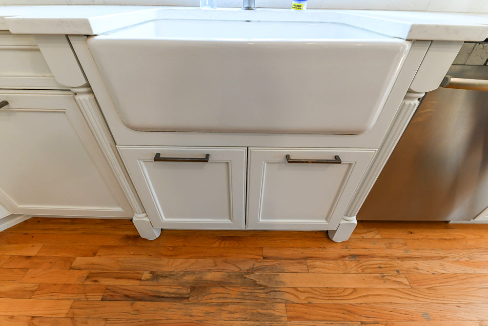 "The Montgomery" Transitional White Kitchen with Blue Island & Appliances