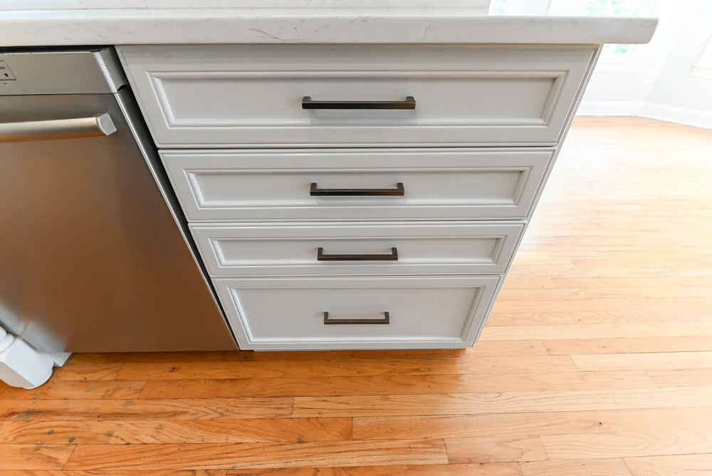 "The Montgomery" Transitional White Kitchen with Blue Island & Appliances
