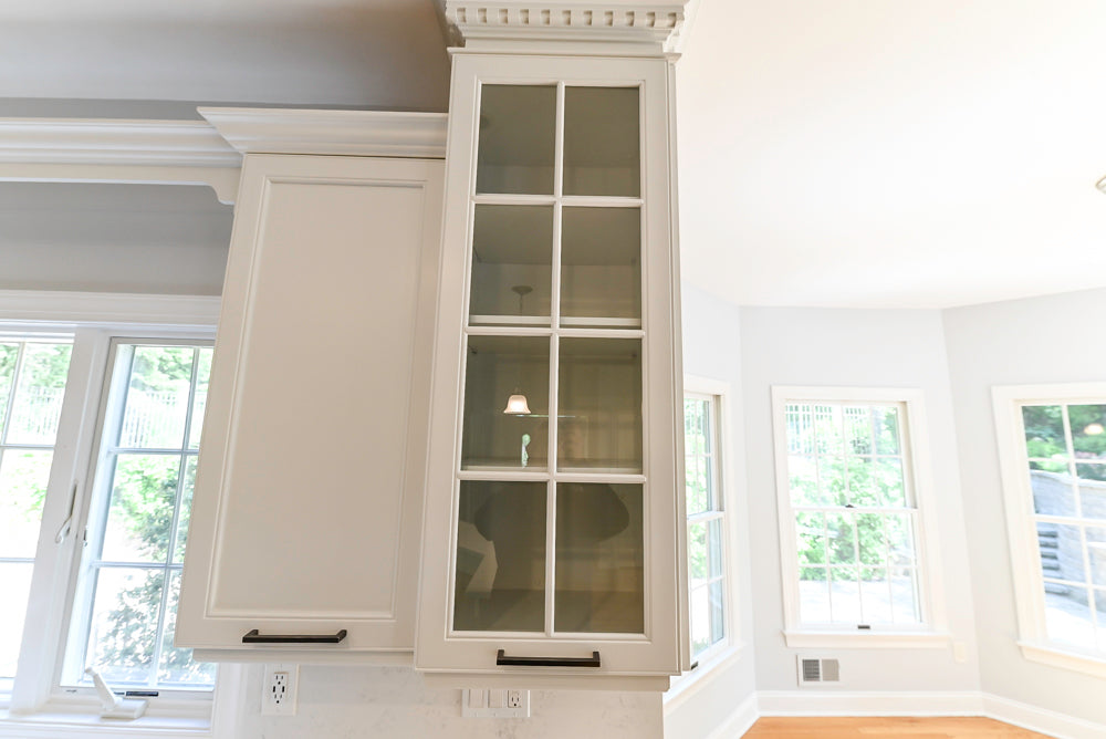 "The Montgomery" Transitional White Kitchen with Blue Island & Appliances