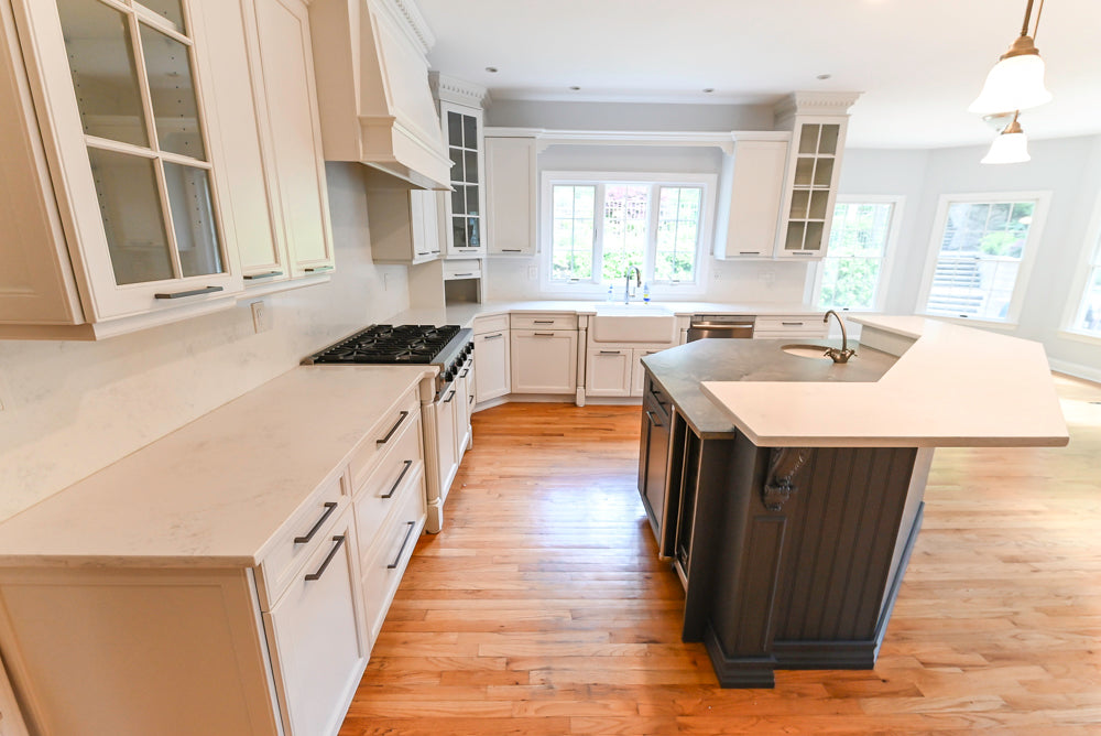 "The Montgomery" Transitional White Kitchen with Blue Island & Appliances