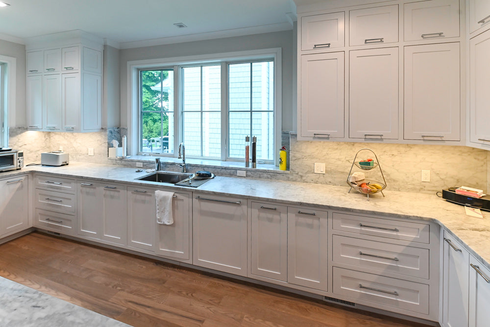 "The Banbury" Transitional White Kitchen with White Oak Island & Appliances