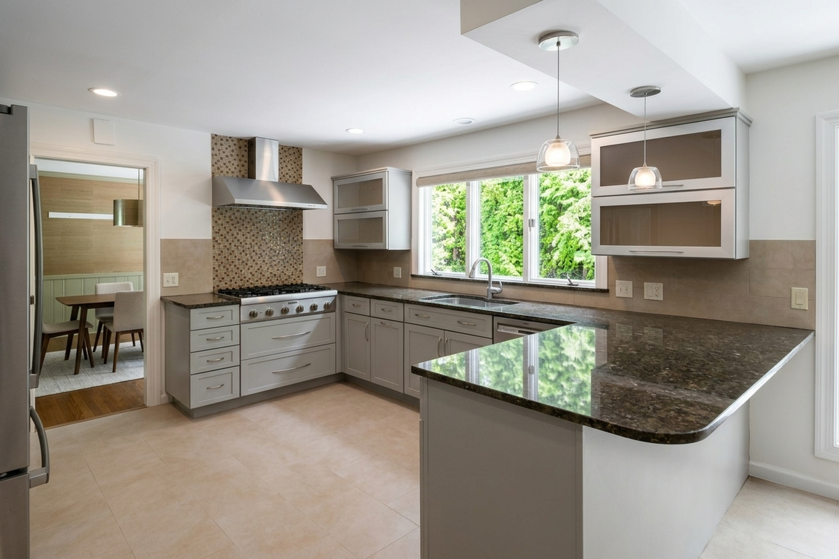Thomasville Blue-Gray Transitional Kitchen with Appliances