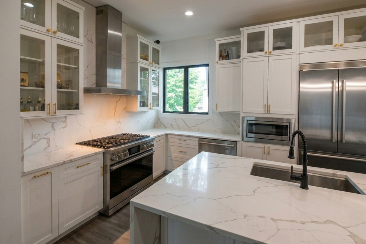 "The Lexington" Transitional White Kitchen with Black Island & Appliances