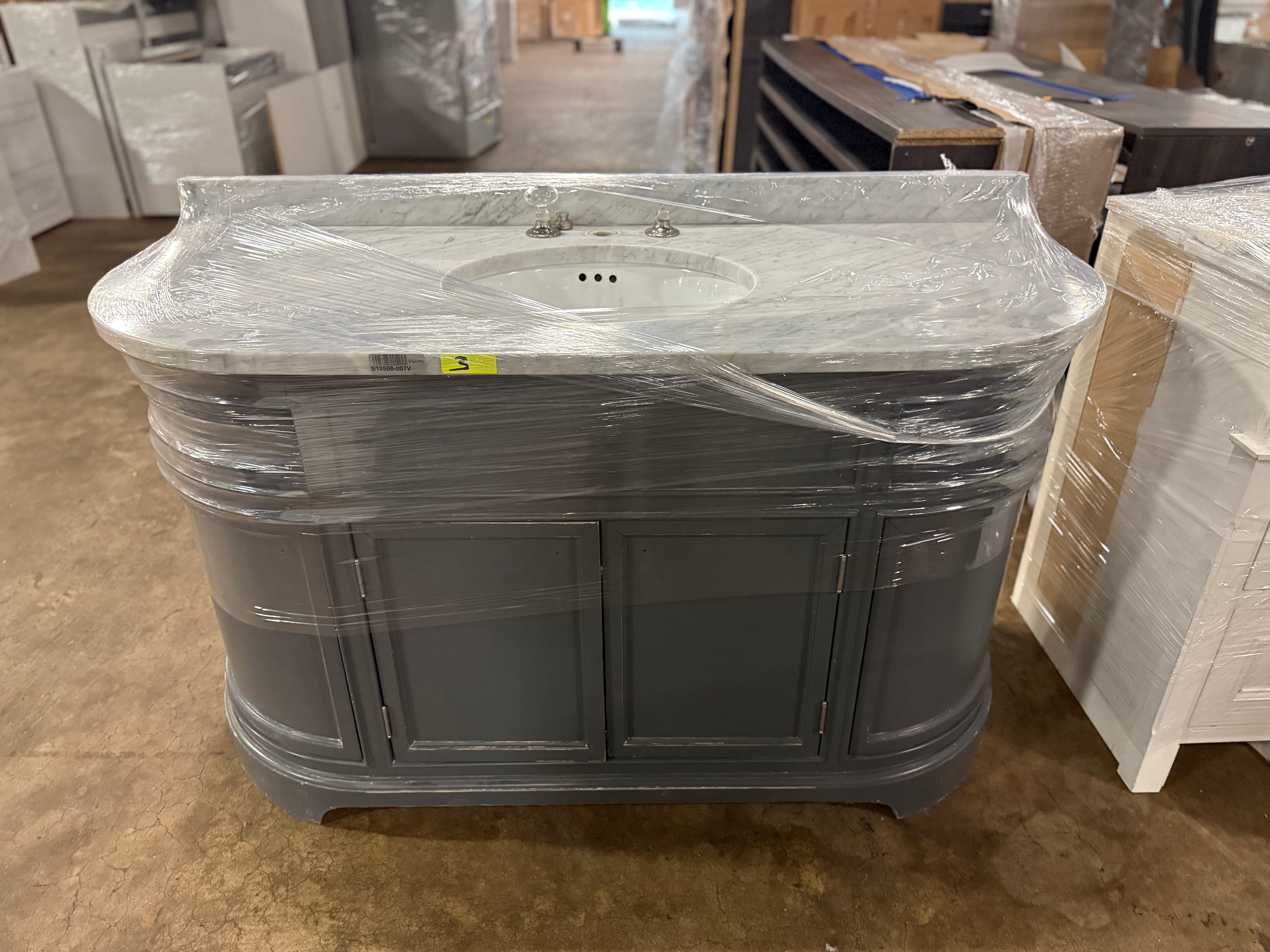 58 in luxury grey vanity cabinet with sweeping curved front profile