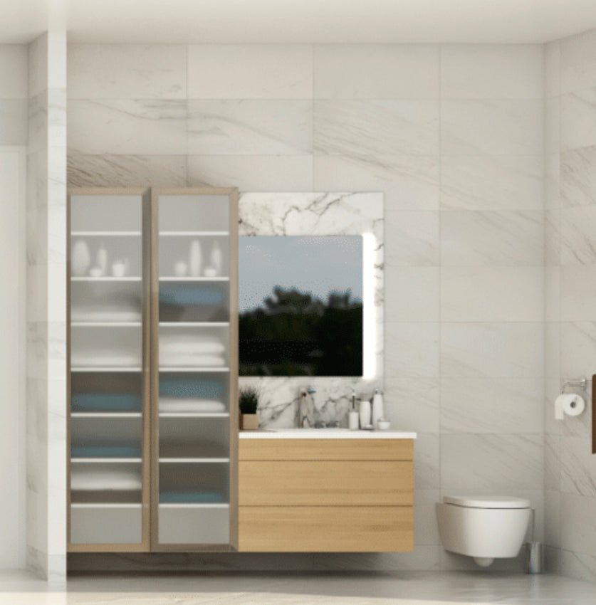 Poggenpohl Modern Natural Tree Nut Floating Vanity with Tall Satin Glass Door Linen Storage