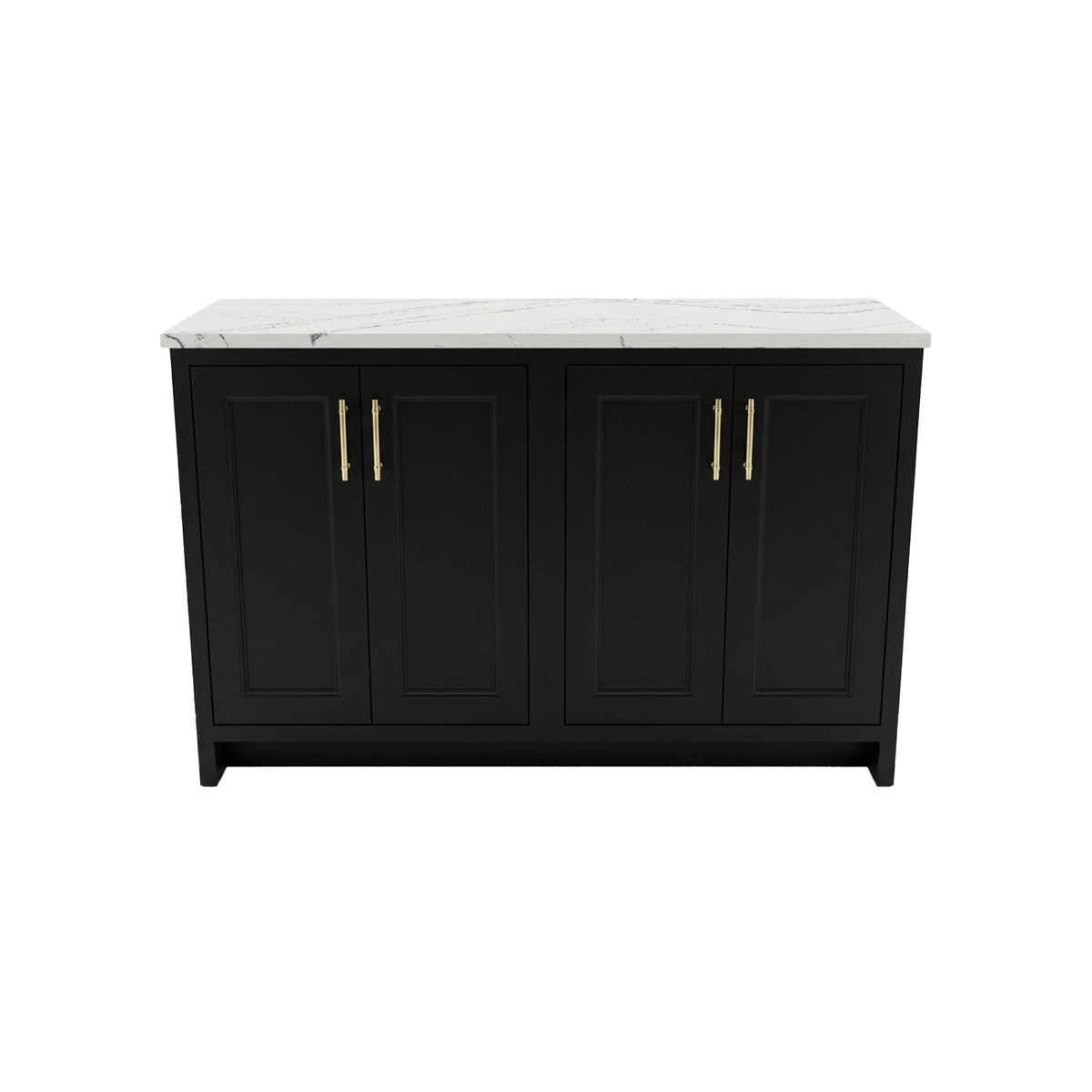 Black side cabinet with white countertop on a white background