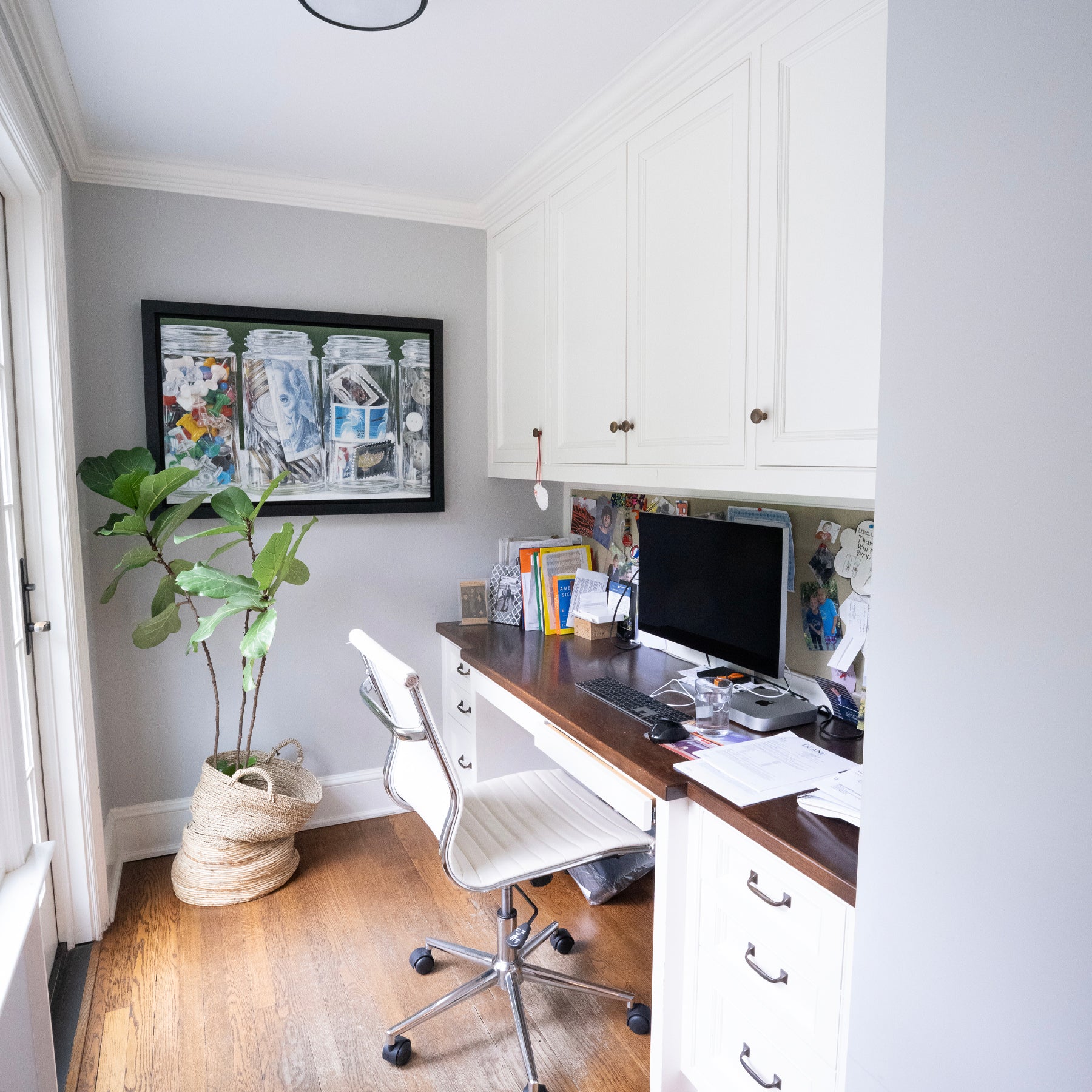 Custom Transitional White Built-In Desk System with Wood Top