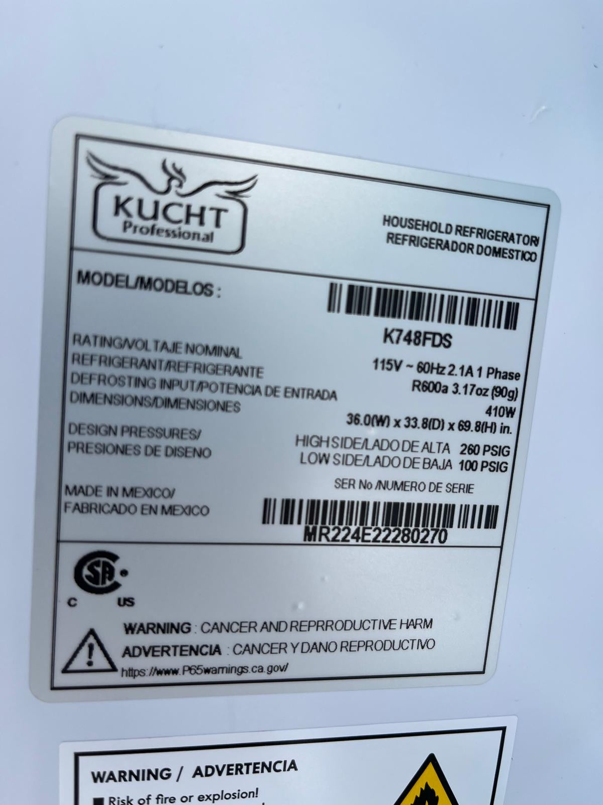 Kucht Professional K748FDS 36" Stainless Steel French Door Refrigerator