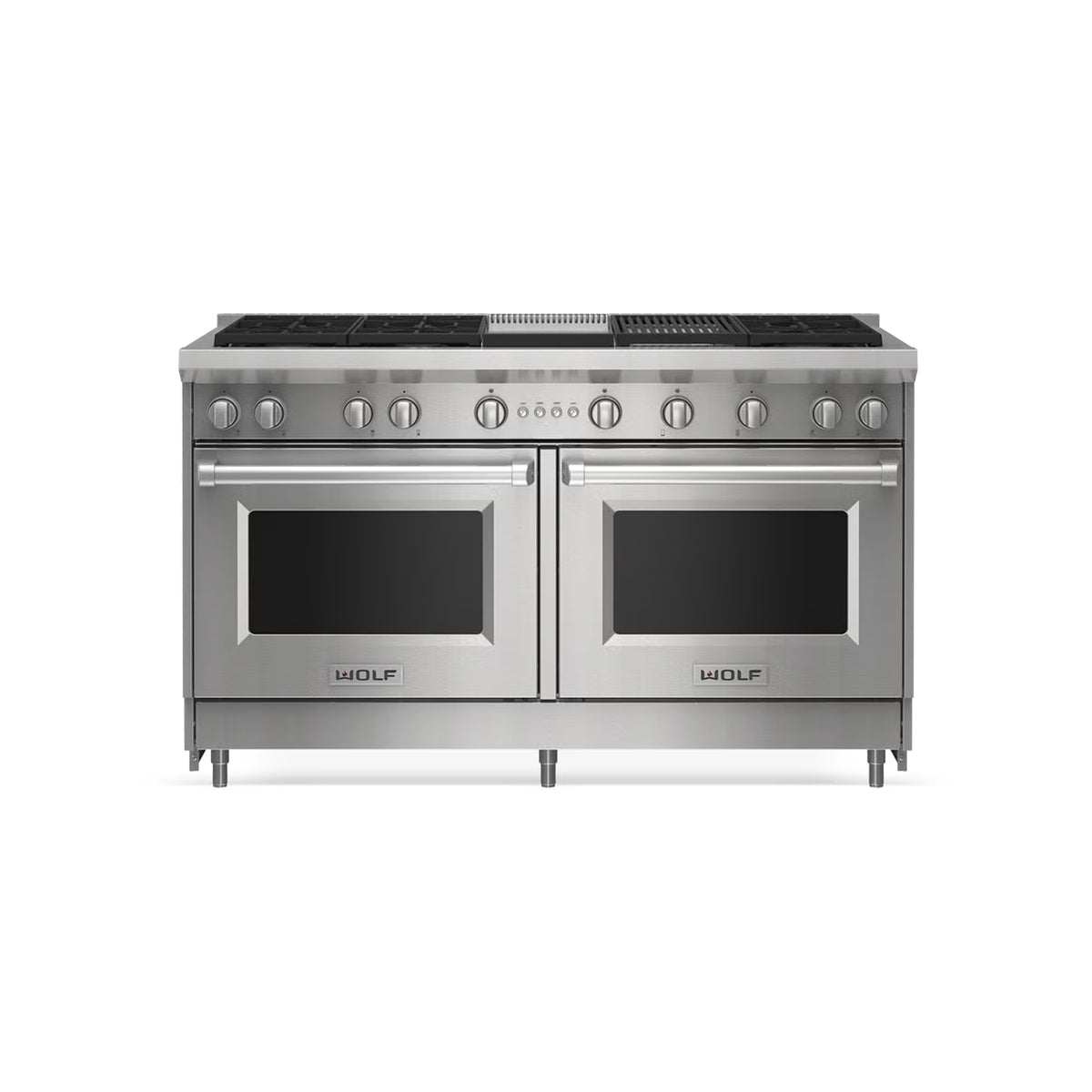A professional 60-inch Wolf GR606CG stainless steel gas range featuring six burners, a central griddle, and a grill.