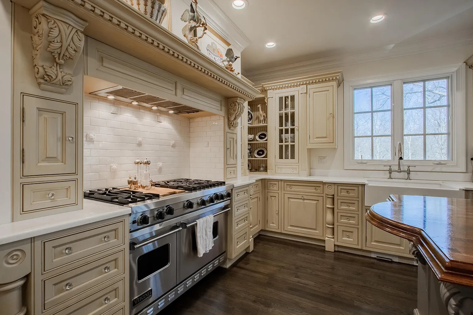 Custom Traditional "Clive-esque" Kitchen with Marble Countertops, Wood Top Island and Appliances