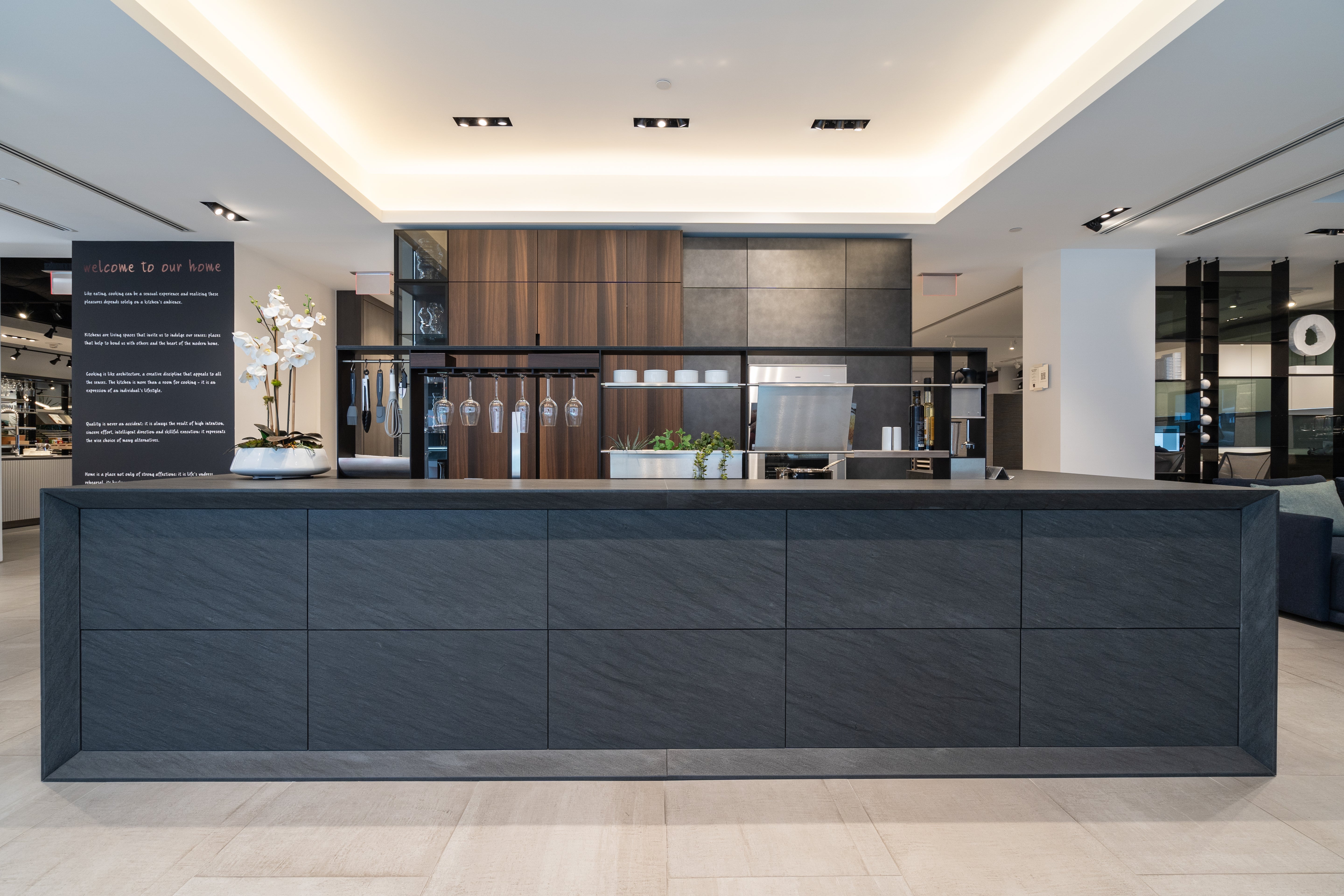 eggersmann Glance Glass and Carbono Stone Island Modern Smoked Oak Kitchen with Gaggenau Appliances