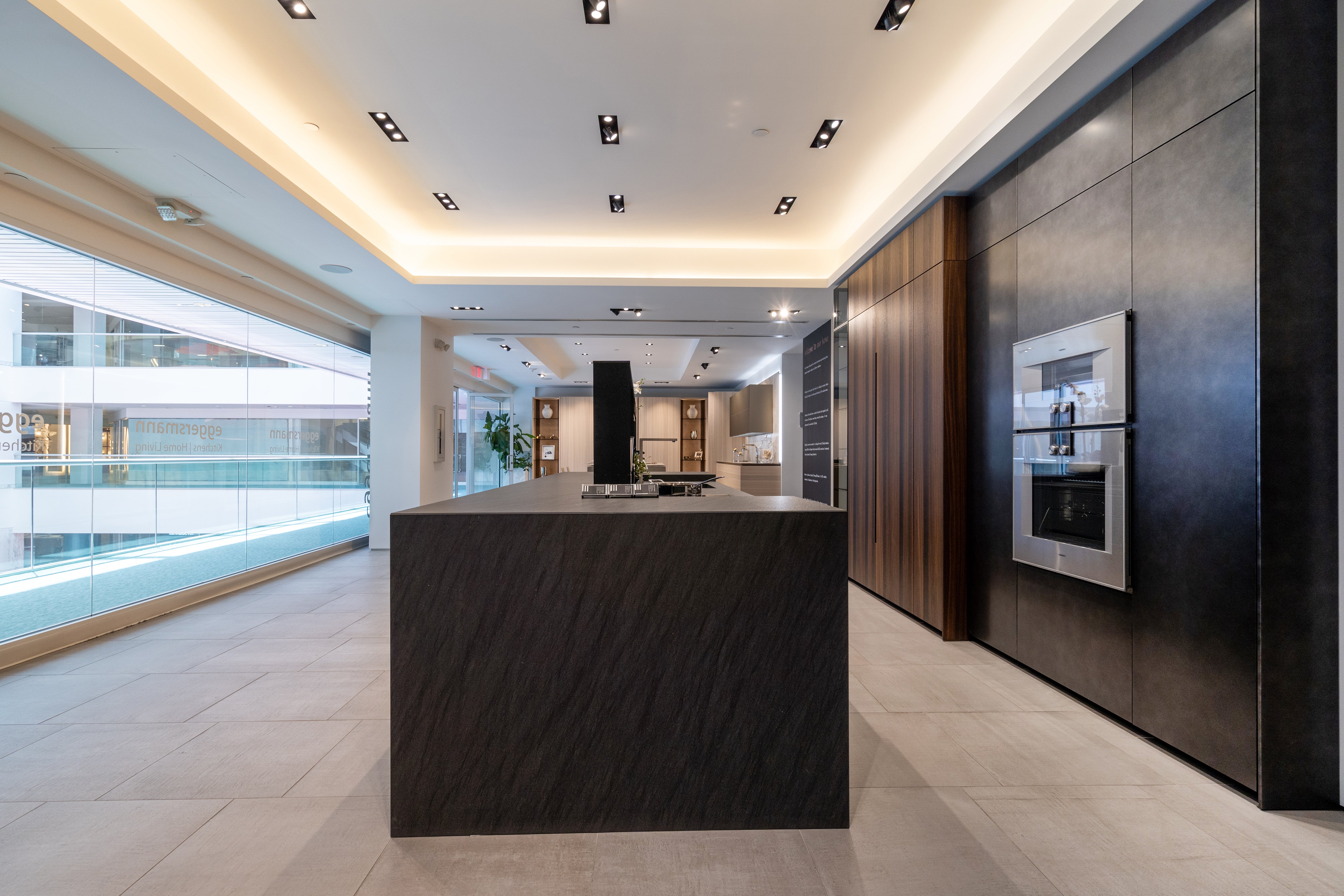 eggersmann Glance Glass and Carbono Stone Island Modern Smoked Oak Kitchen with Gaggenau Appliances