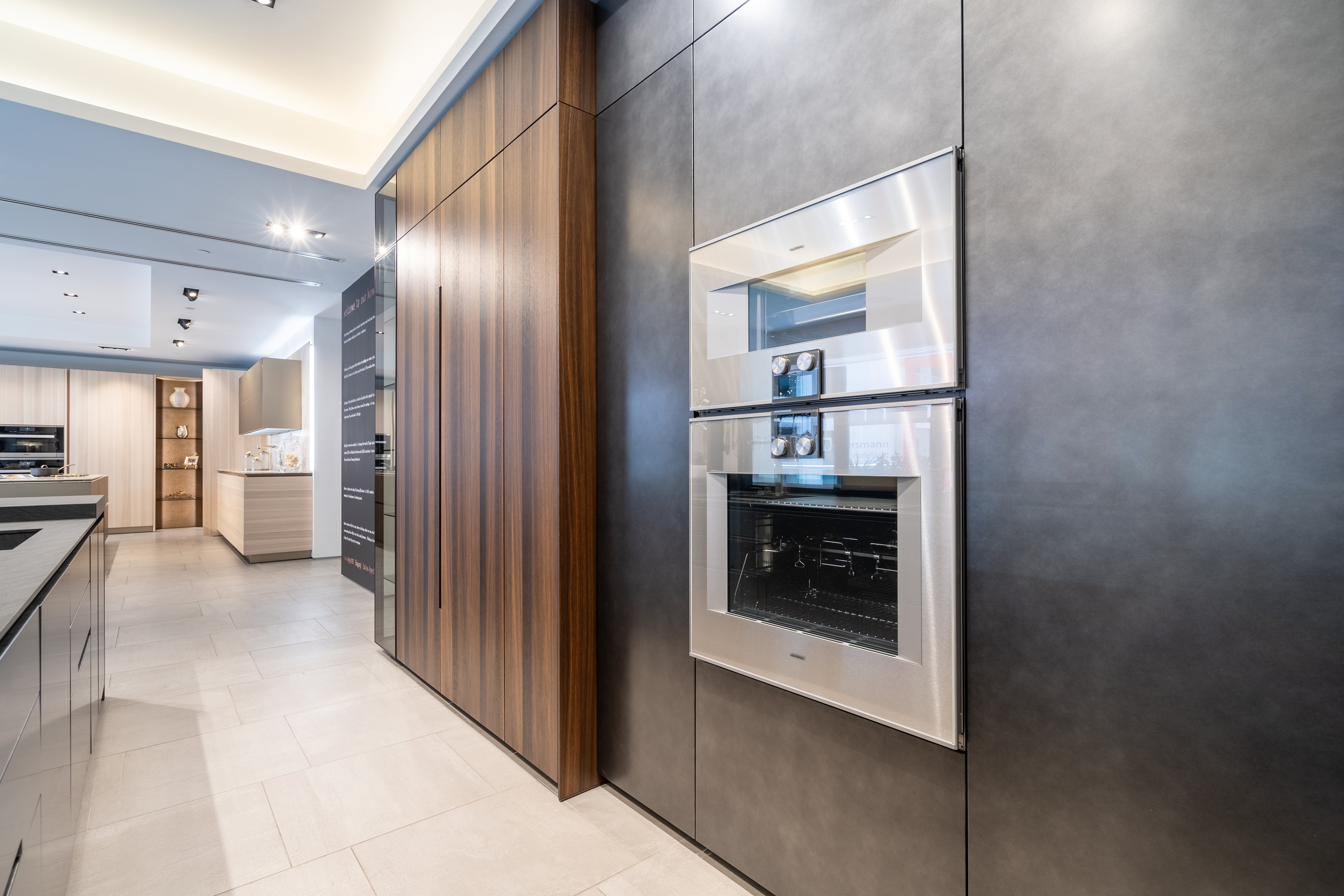 eggersmann Glance Glass and Carbono Stone Island Modern Smoked Oak Kitchen with Gaggenau Appliances