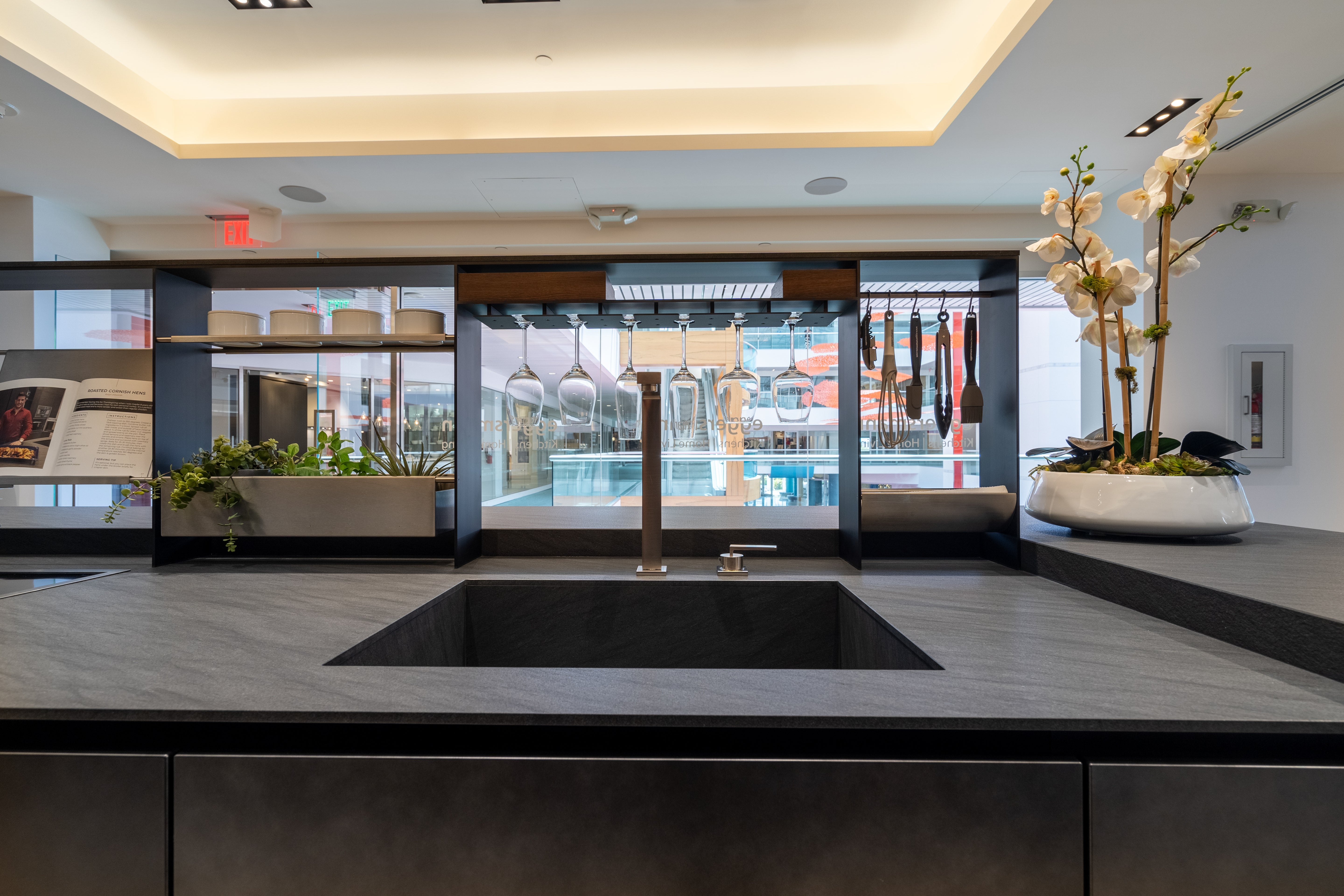 eggersmann Glance Glass and Carbono Stone Island Modern Smoked Oak Kitchen with Gaggenau Appliances