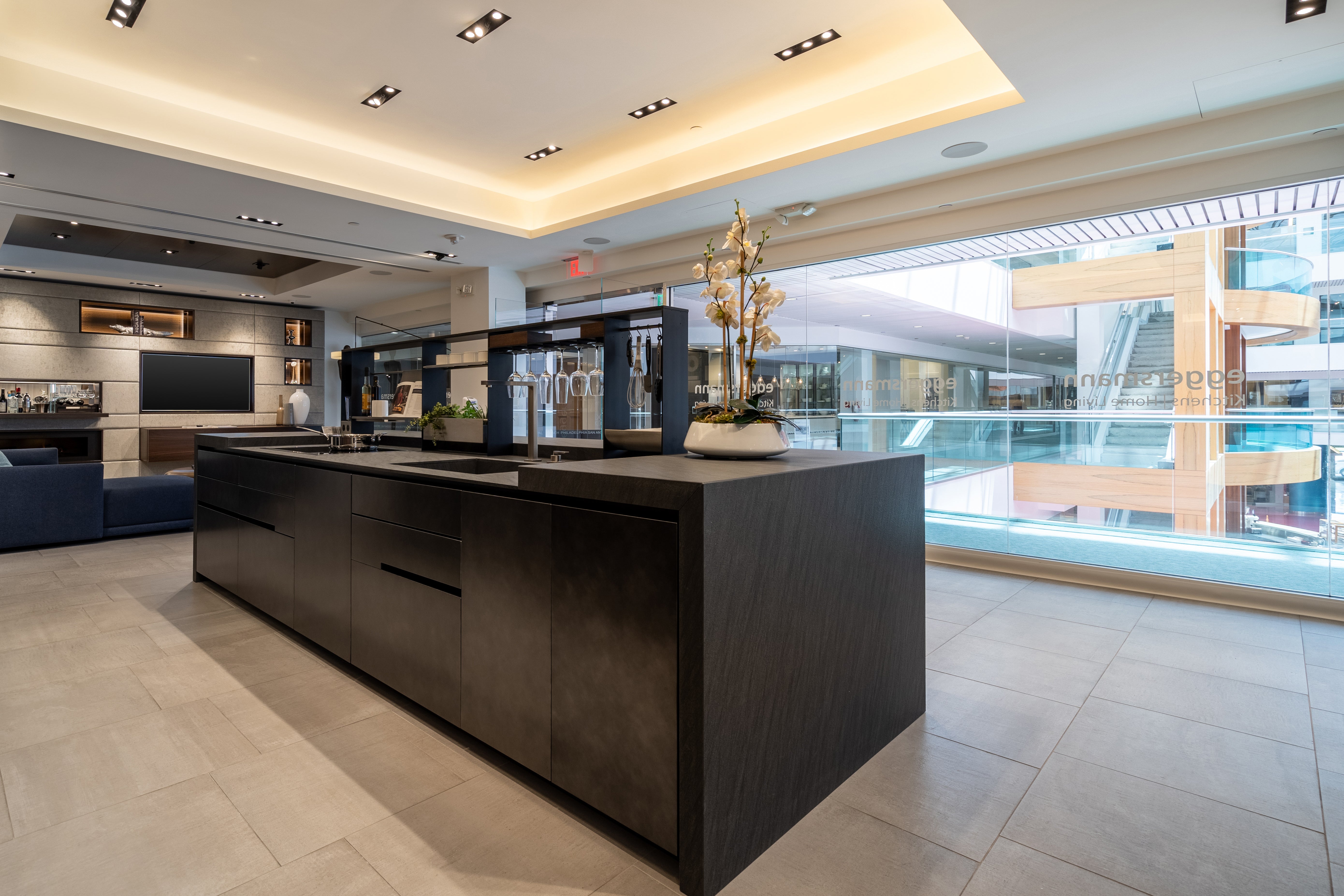 eggersmann Glance Glass and Carbono Stone Island Modern Smoked Oak Kitchen with Gaggenau Appliances