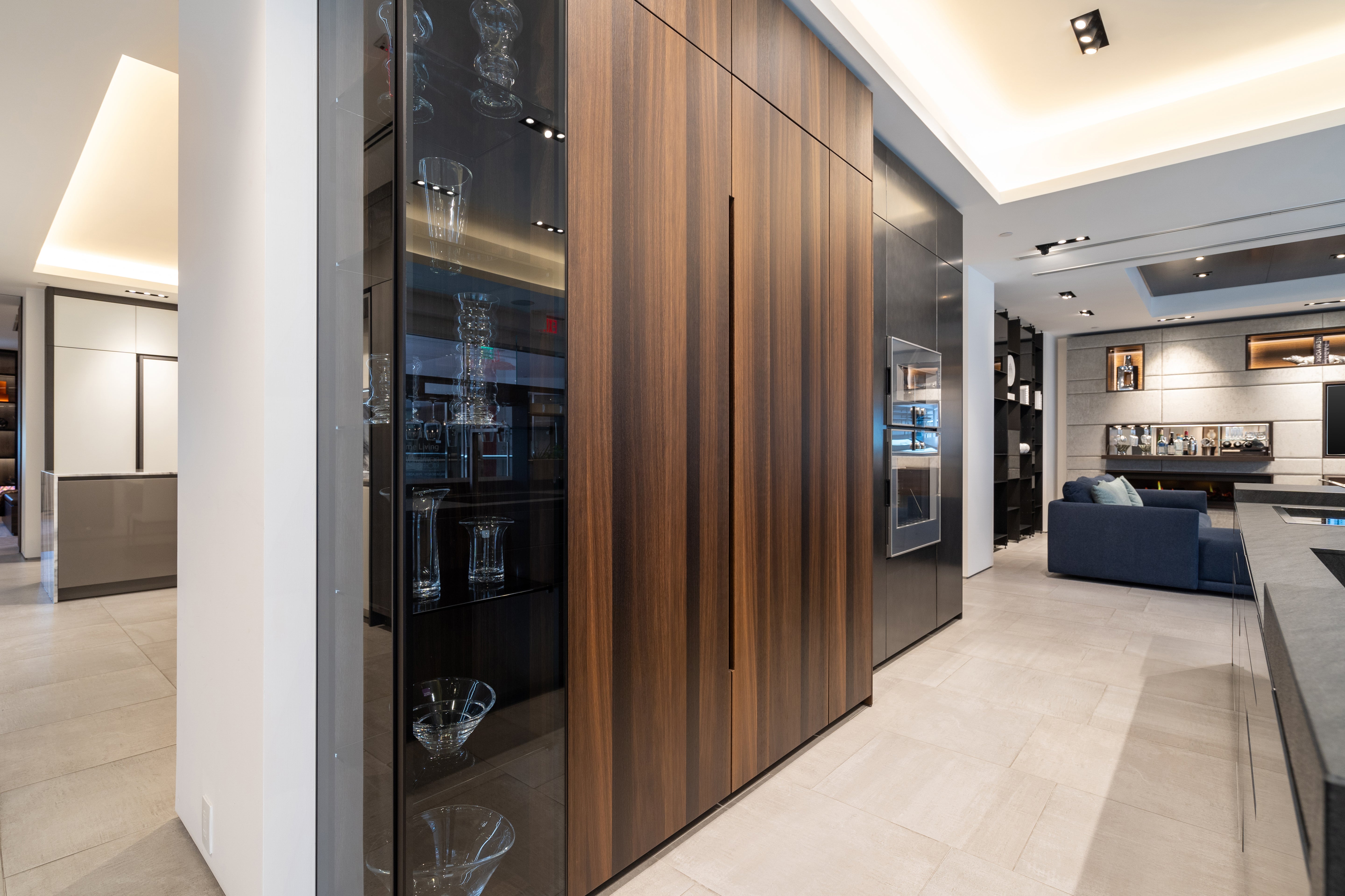 eggersmann Glance Glass and Carbono Stone Island Modern Smoked Oak Kitchen with Gaggenau Appliances