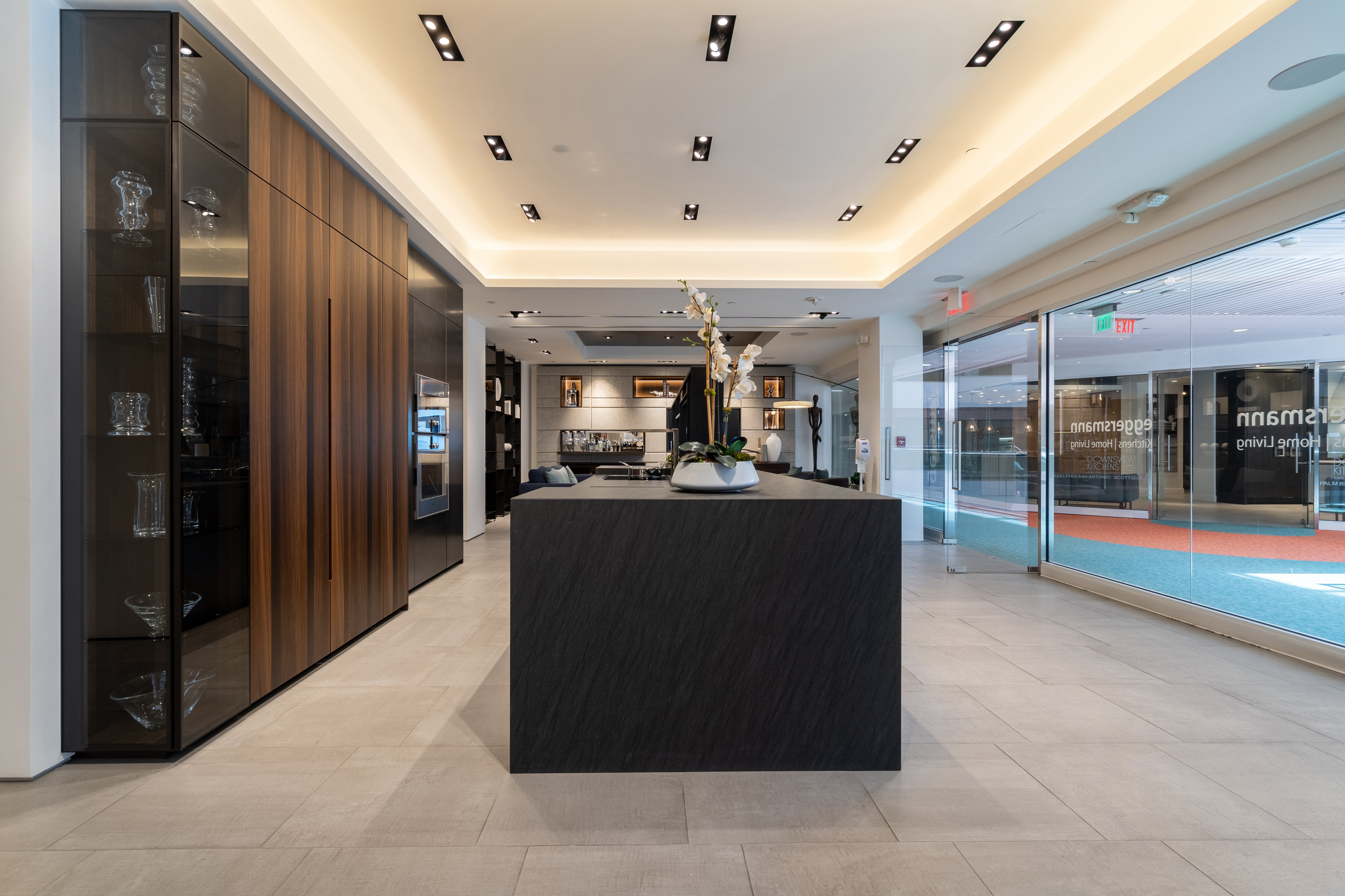 eggersmann USA Glance Glass and Carbono Stone Island Modern Smoked Oak Kitchen with Gaggenau Appliances