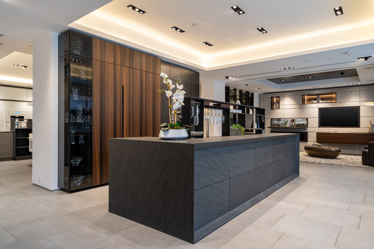 eggersmann Glance Glass and Carbono Stone Island Modern Smoked Oak Kitchen with Gaggenau Appliances