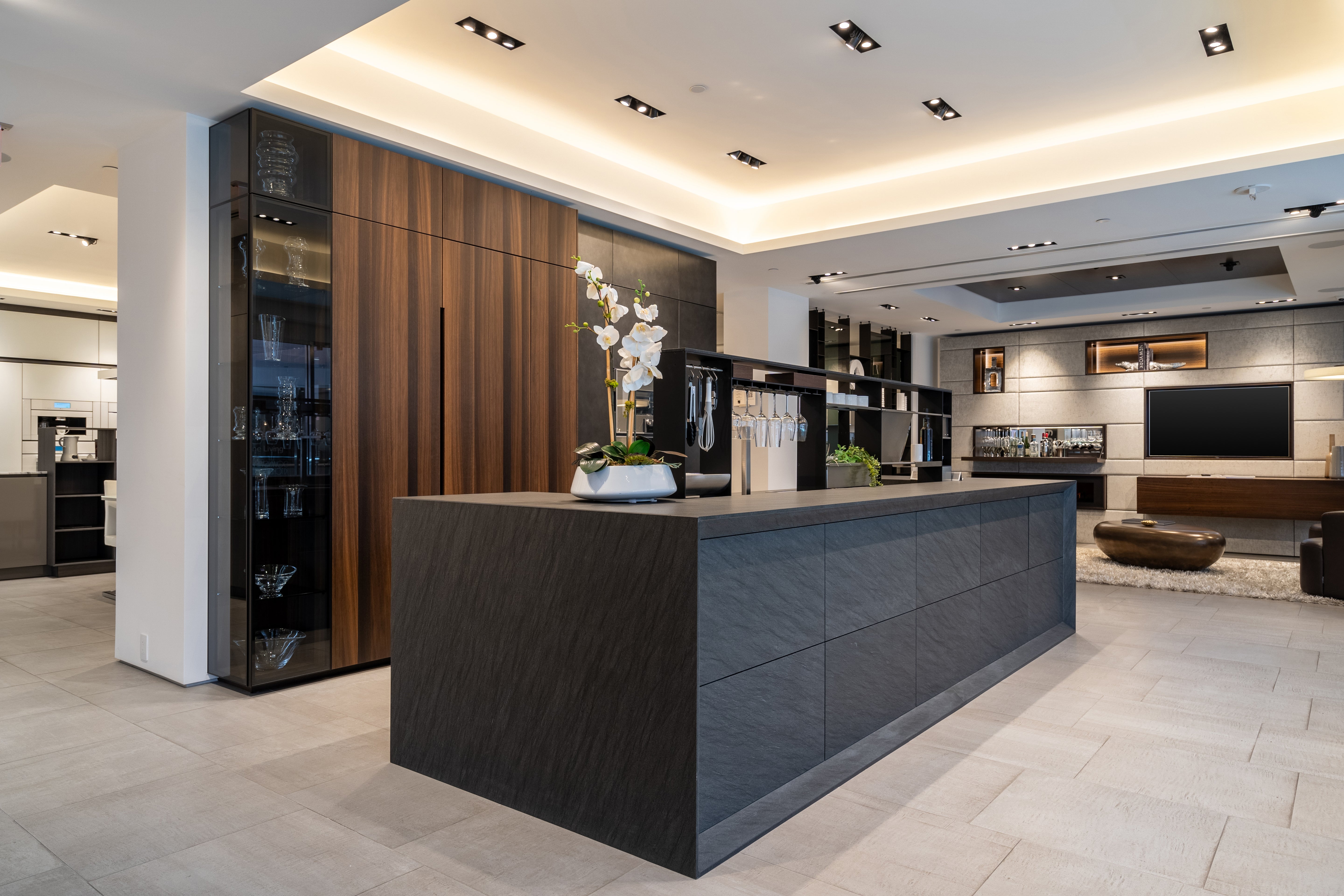 eggersmann USA Glance Glass and Carbono Stone Island Modern Smoked Oak Kitchen with Gaggenau Appliances