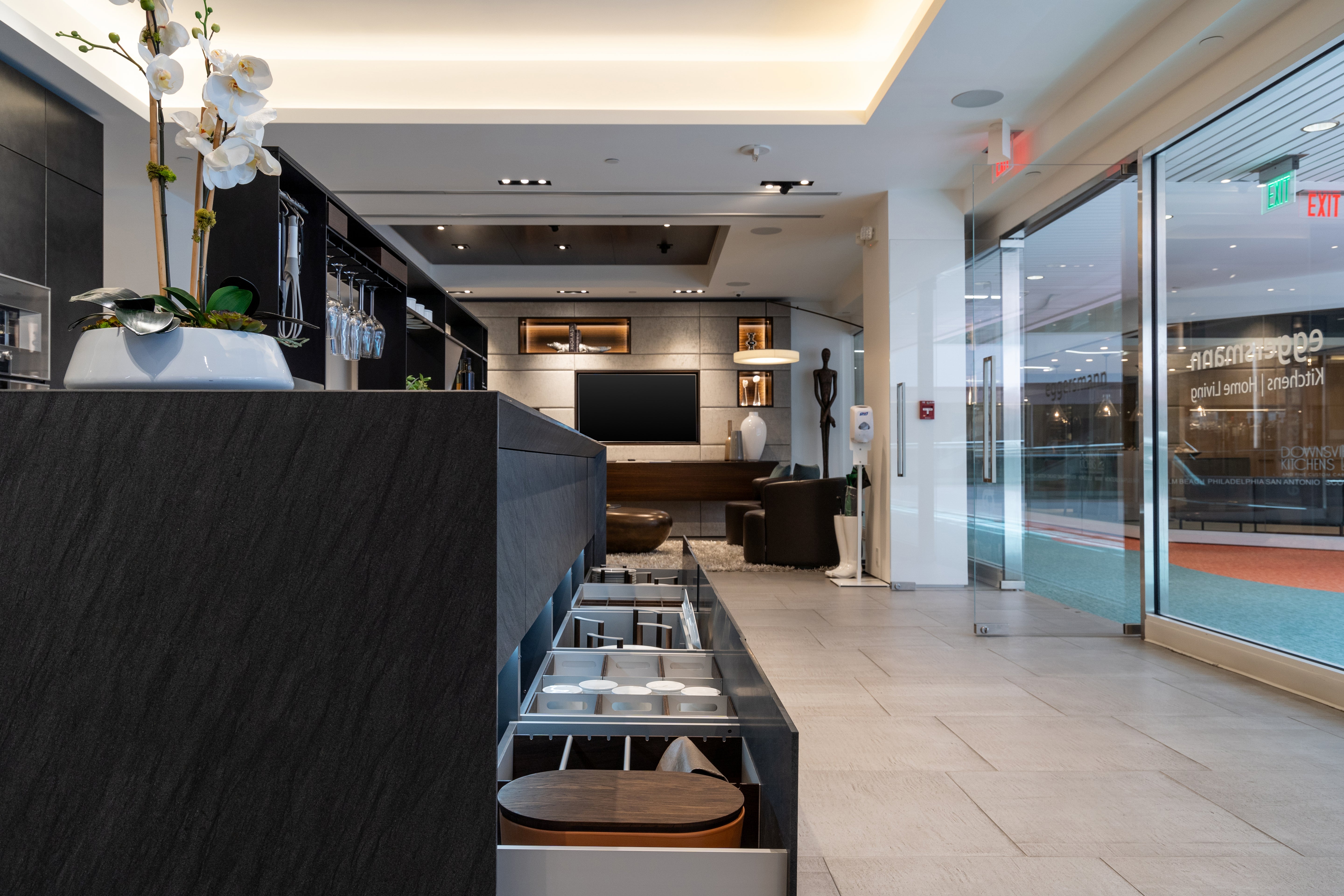 eggersmann Glance Glass and Carbono Stone Island Modern Smoked Oak Kitchen with Gaggenau Appliances