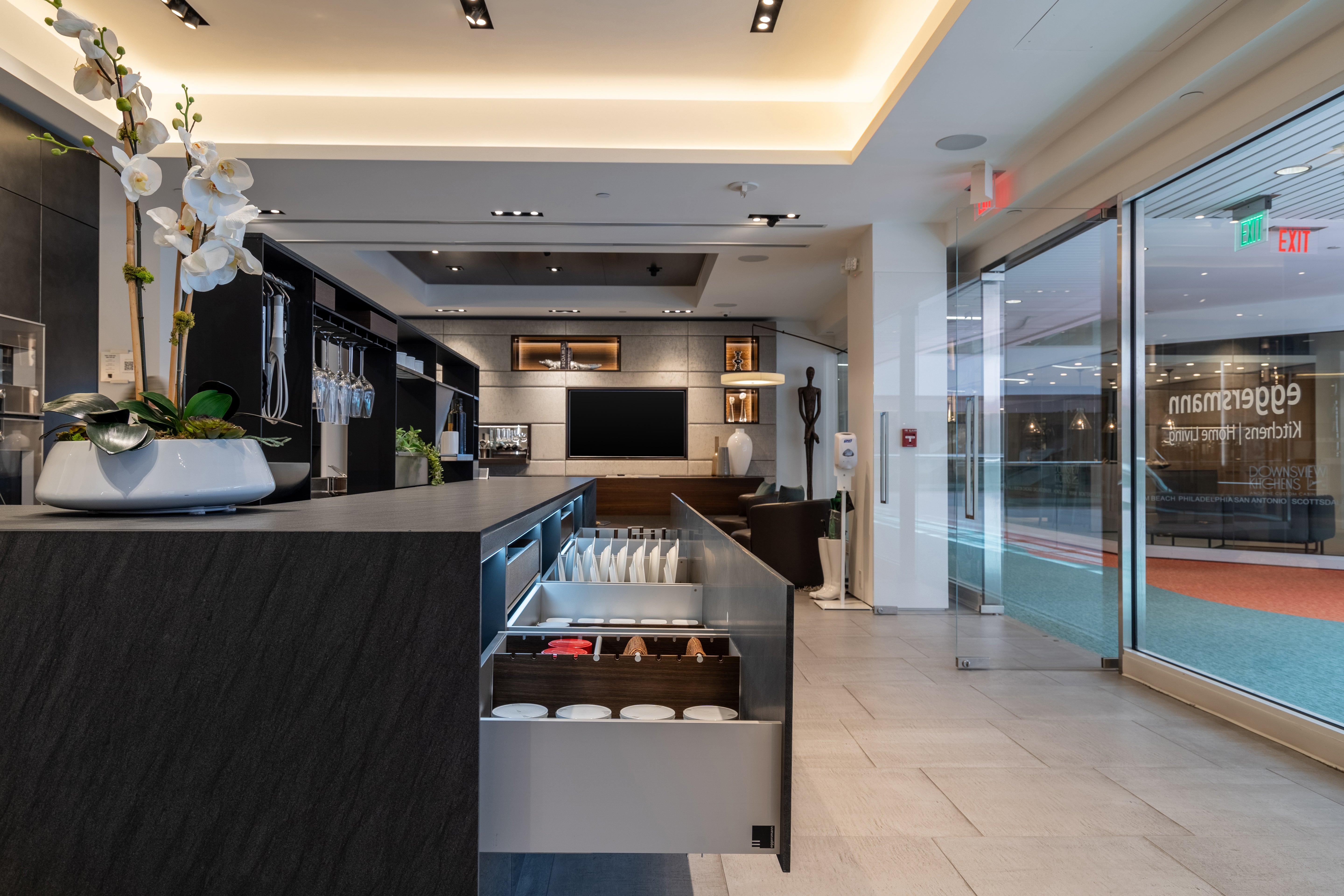 eggersmann Glance Glass and Carbono Stone Island Modern Smoked Oak Kitchen with Gaggenau Appliances