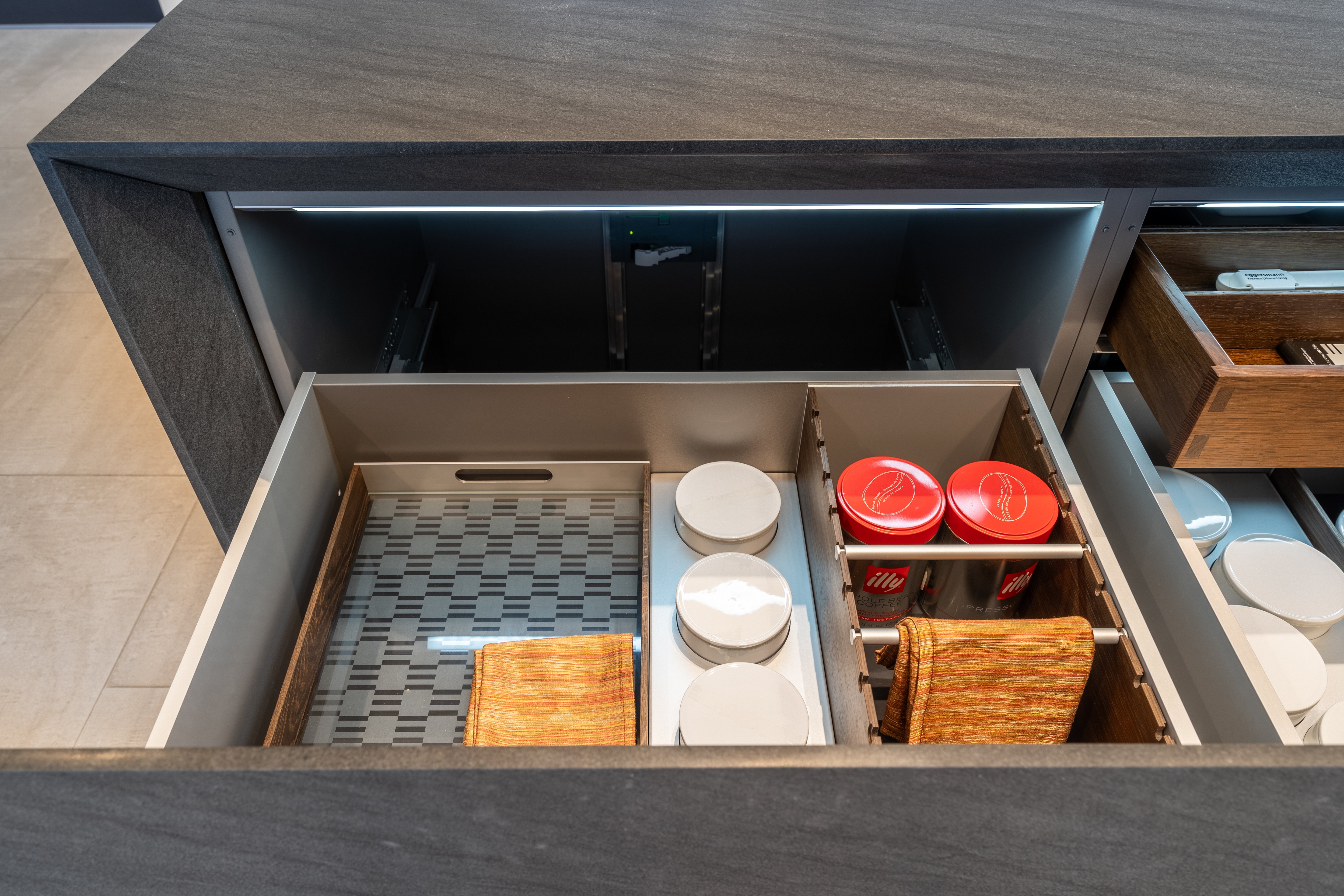 eggersmann Glance Glass and Carbono Stone Island Modern Smoked Oak Kitchen with Gaggenau Appliances