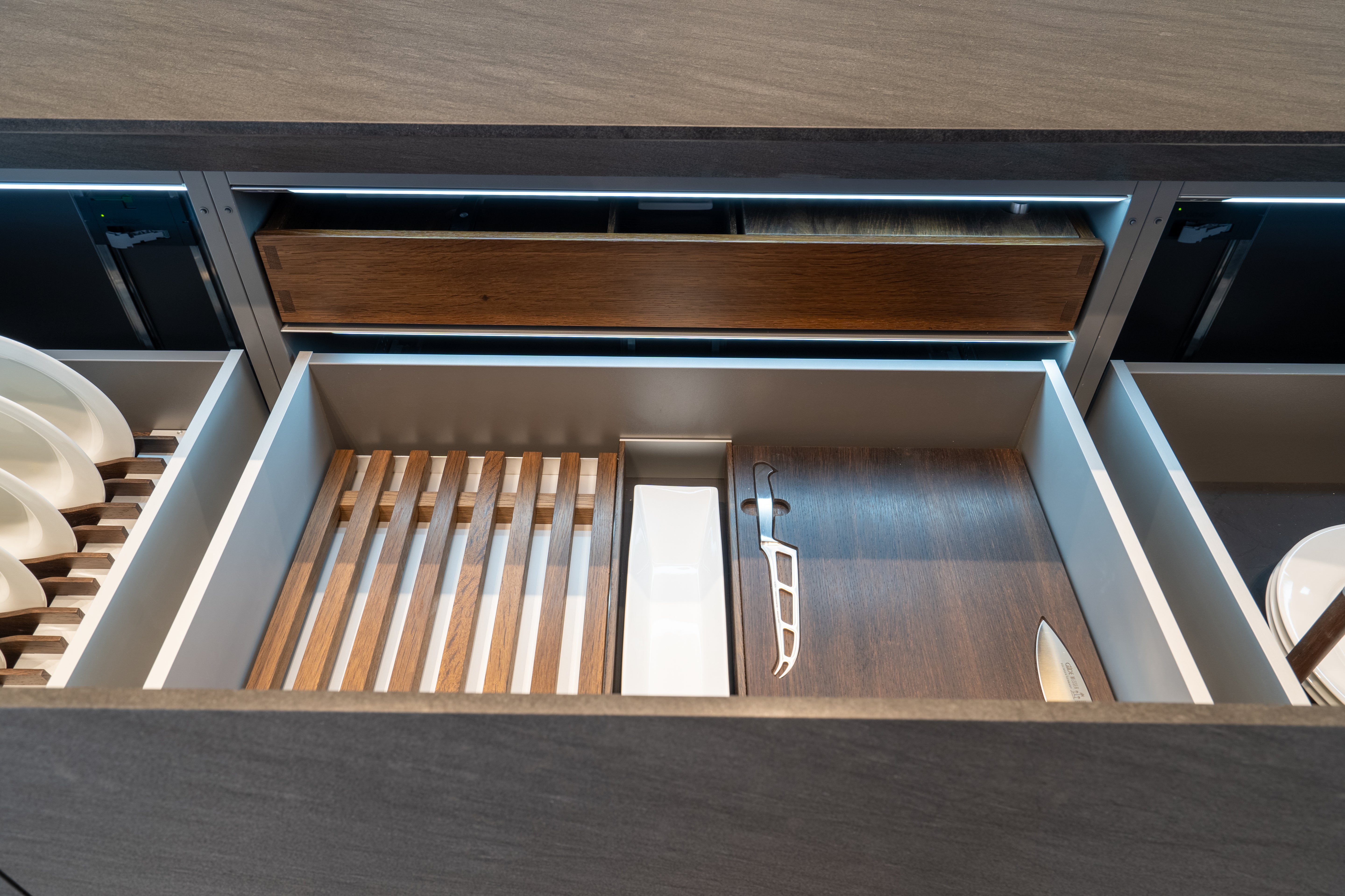 eggersmann Glance Glass and Carbono Stone Island Modern Smoked Oak Kitchen with Gaggenau Appliances