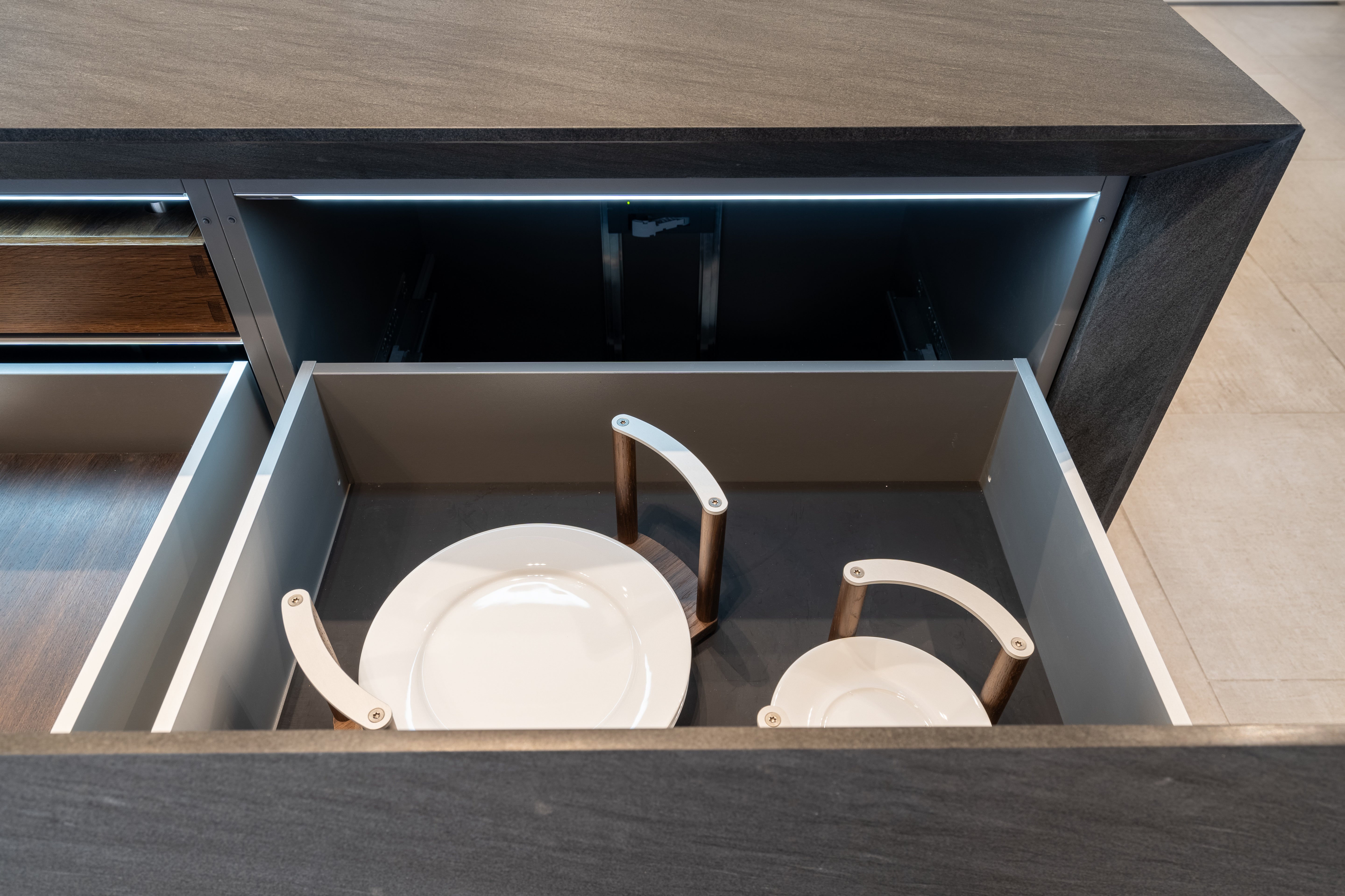 eggersmann Glance Glass and Carbono Stone Island Modern Smoked Oak Kitchen with Gaggenau Appliances