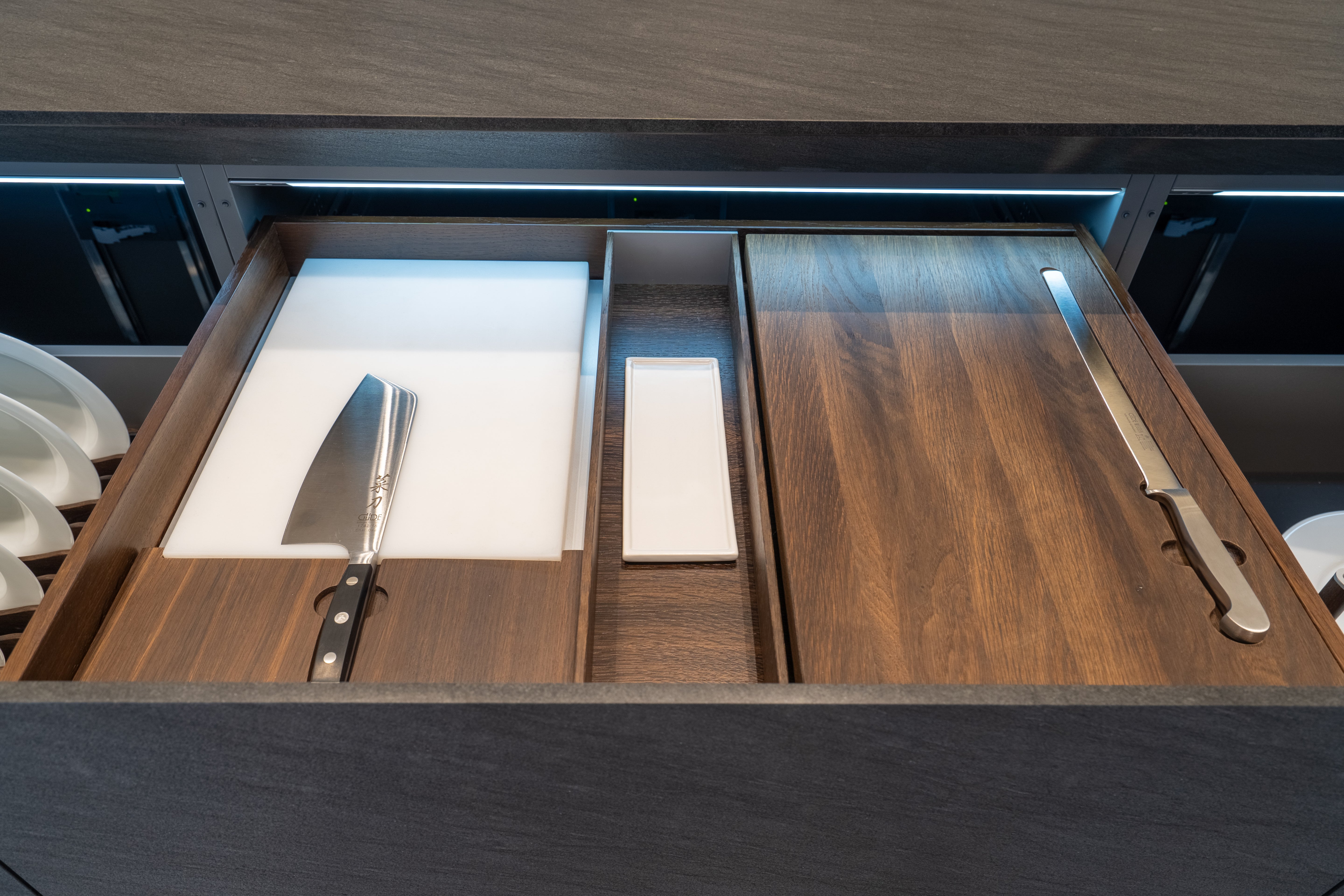 eggersmann Glance Glass and Carbono Stone Island Modern Smoked Oak Kitchen with Gaggenau Appliances