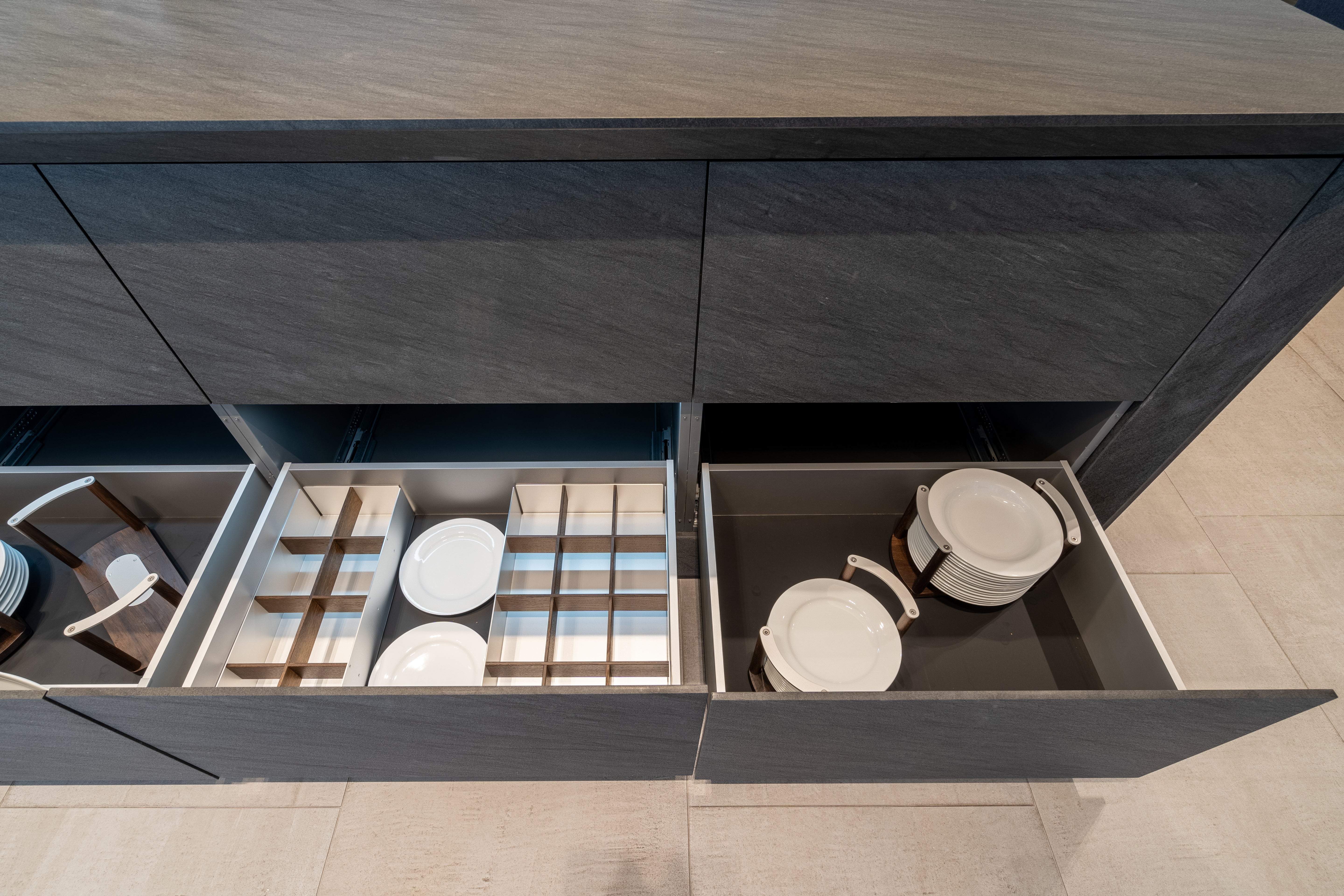 eggersmann Glance Glass and Carbono Stone Island Modern Smoked Oak Kitchen with Gaggenau Appliances
