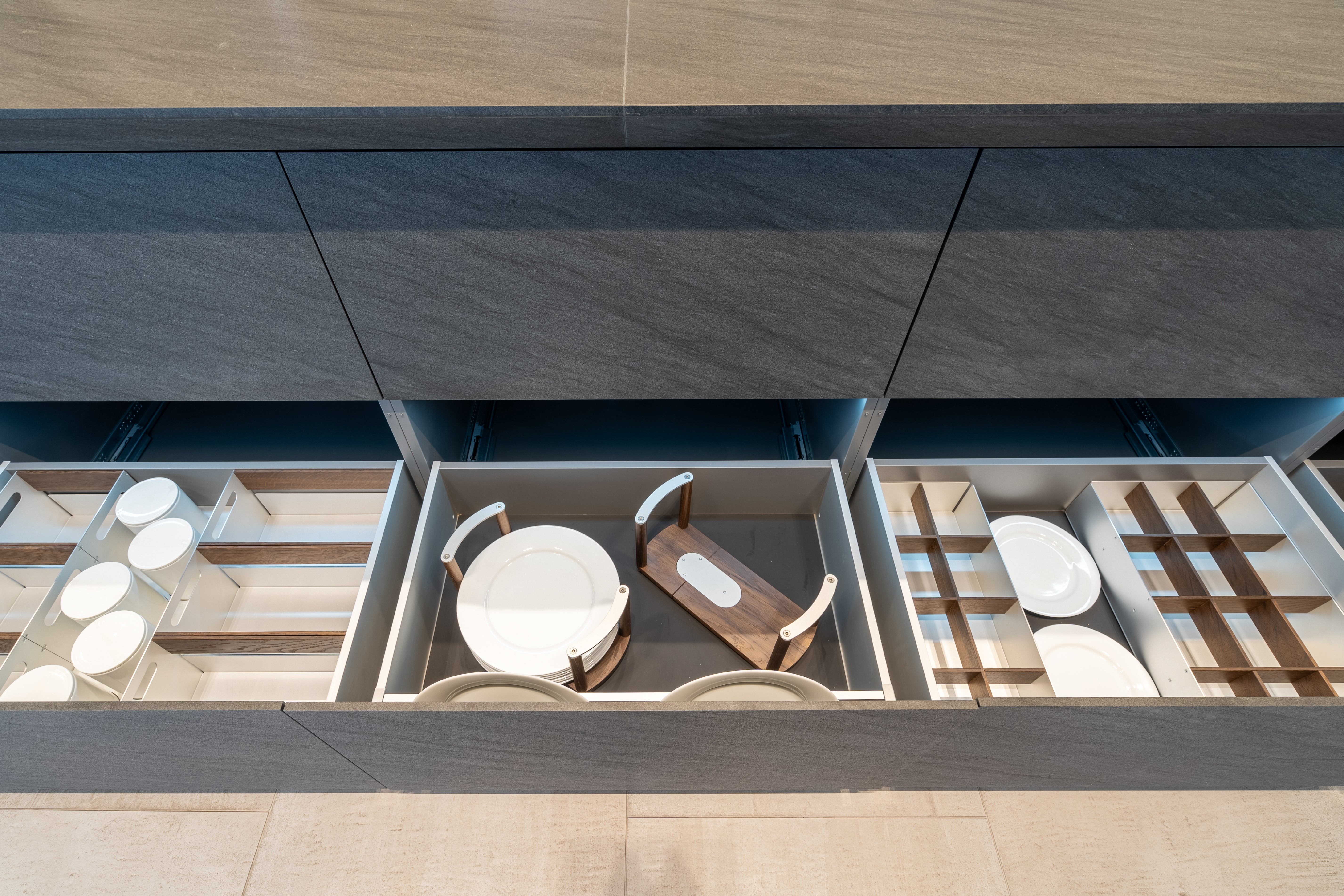 eggersmann Glance Glass and Carbono Stone Island Modern Smoked Oak Kitchen with Gaggenau Appliances