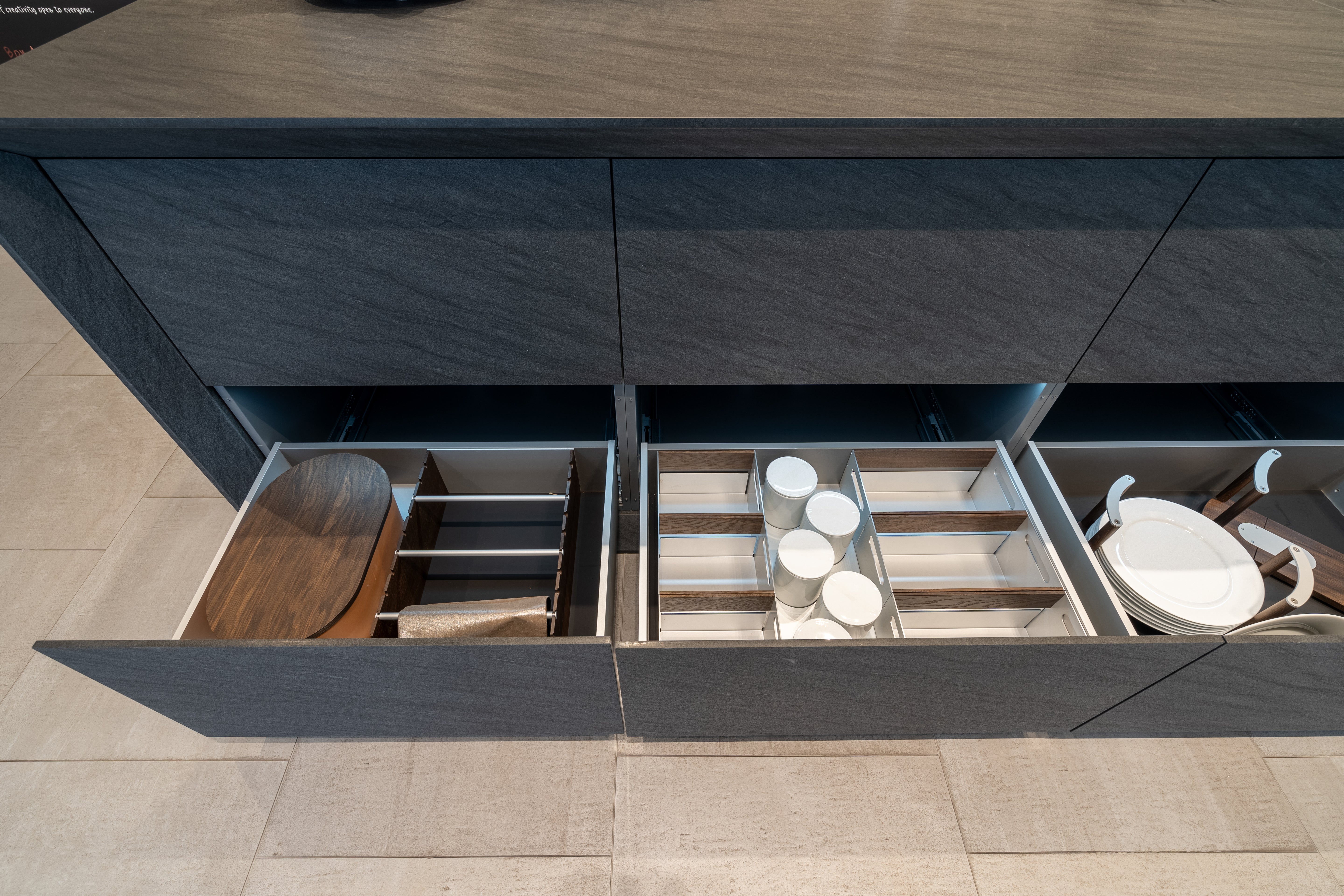 eggersmann Glance Glass and Carbono Stone Island Modern Smoked Oak Kitchen with Gaggenau Appliances