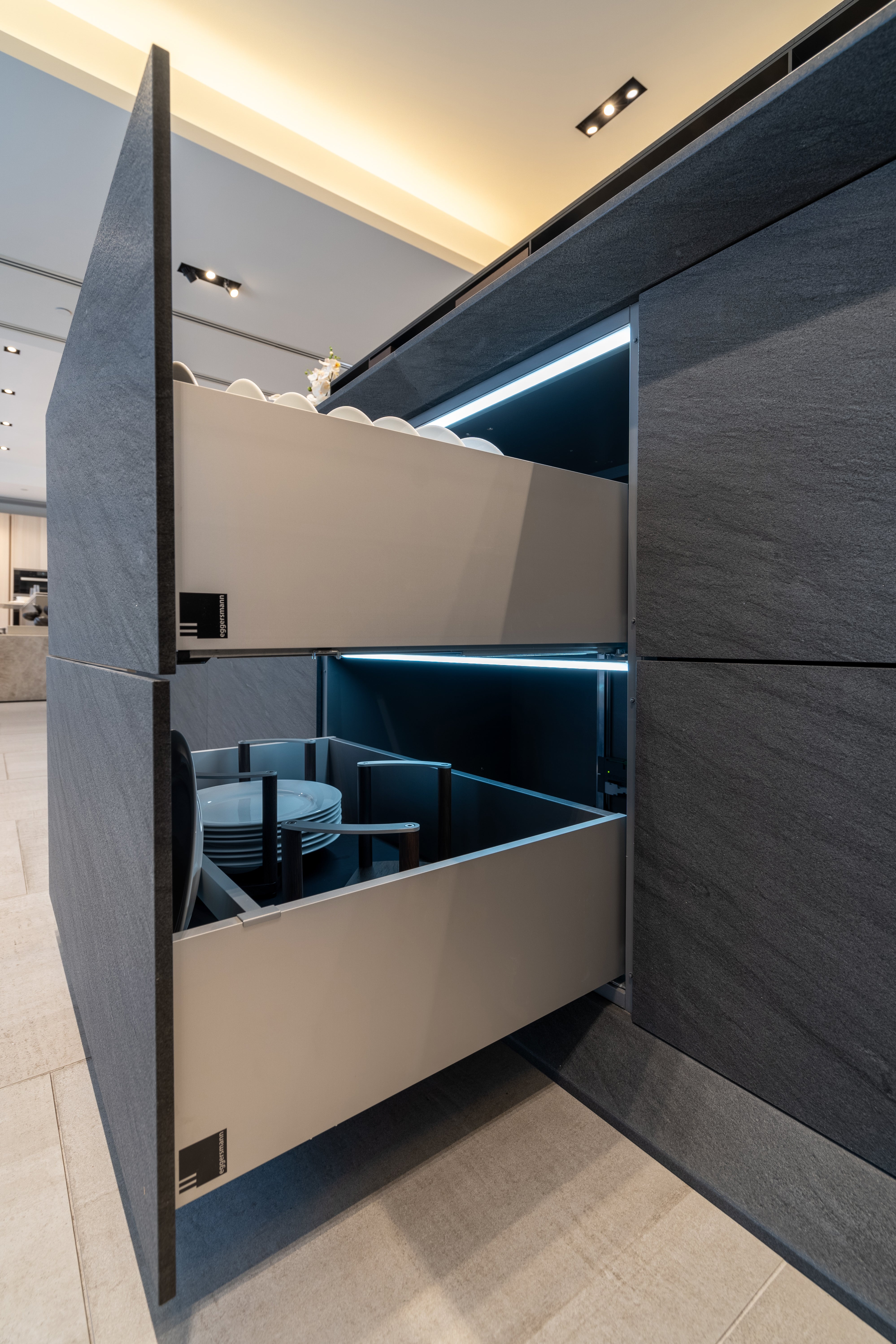 eggersmann Glance Glass and Carbono Stone Island Modern Smoked Oak Kitchen with Gaggenau Appliances