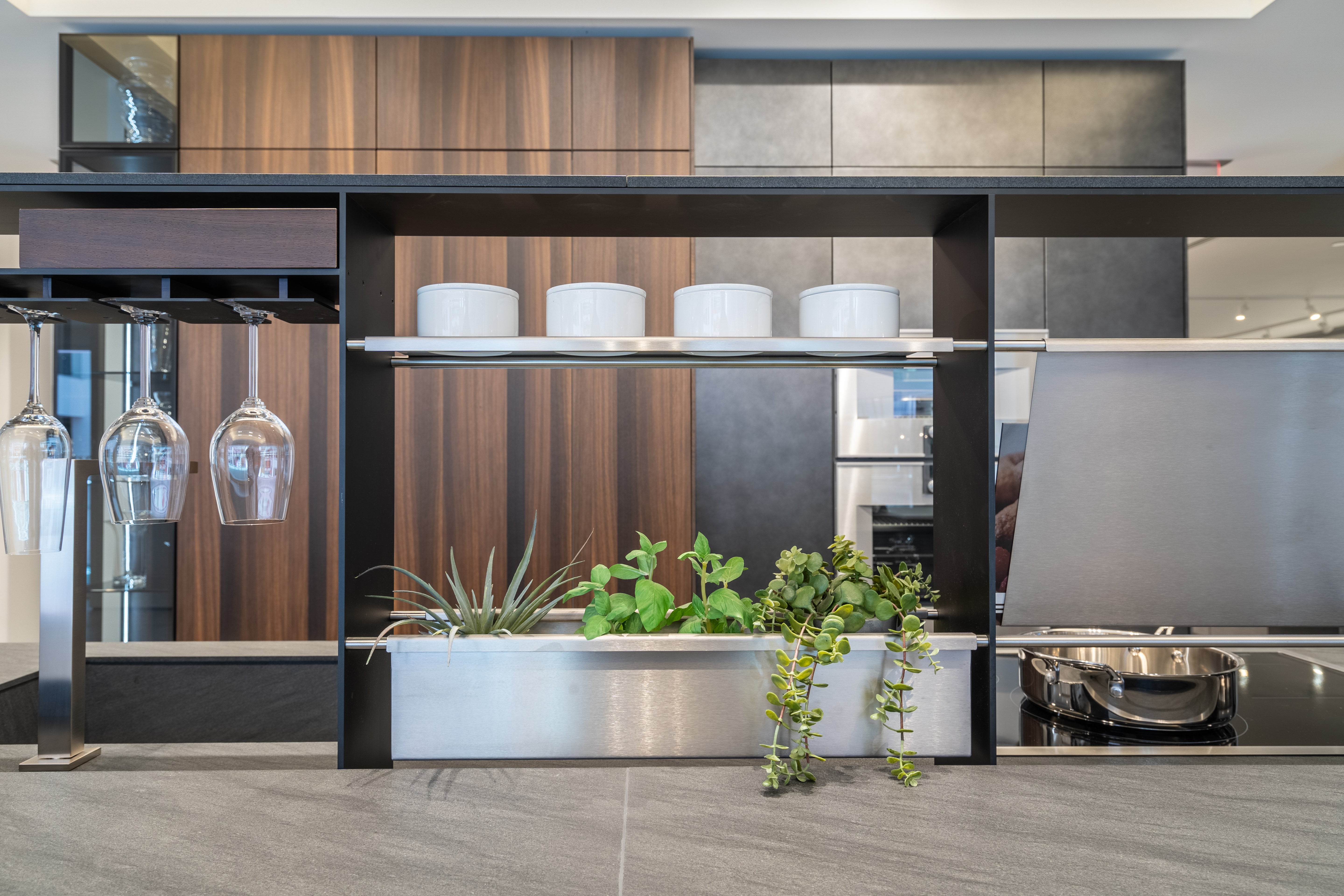 eggersmann Glance Glass and Carbono Stone Island Modern Smoked Oak Kitchen with Gaggenau Appliances