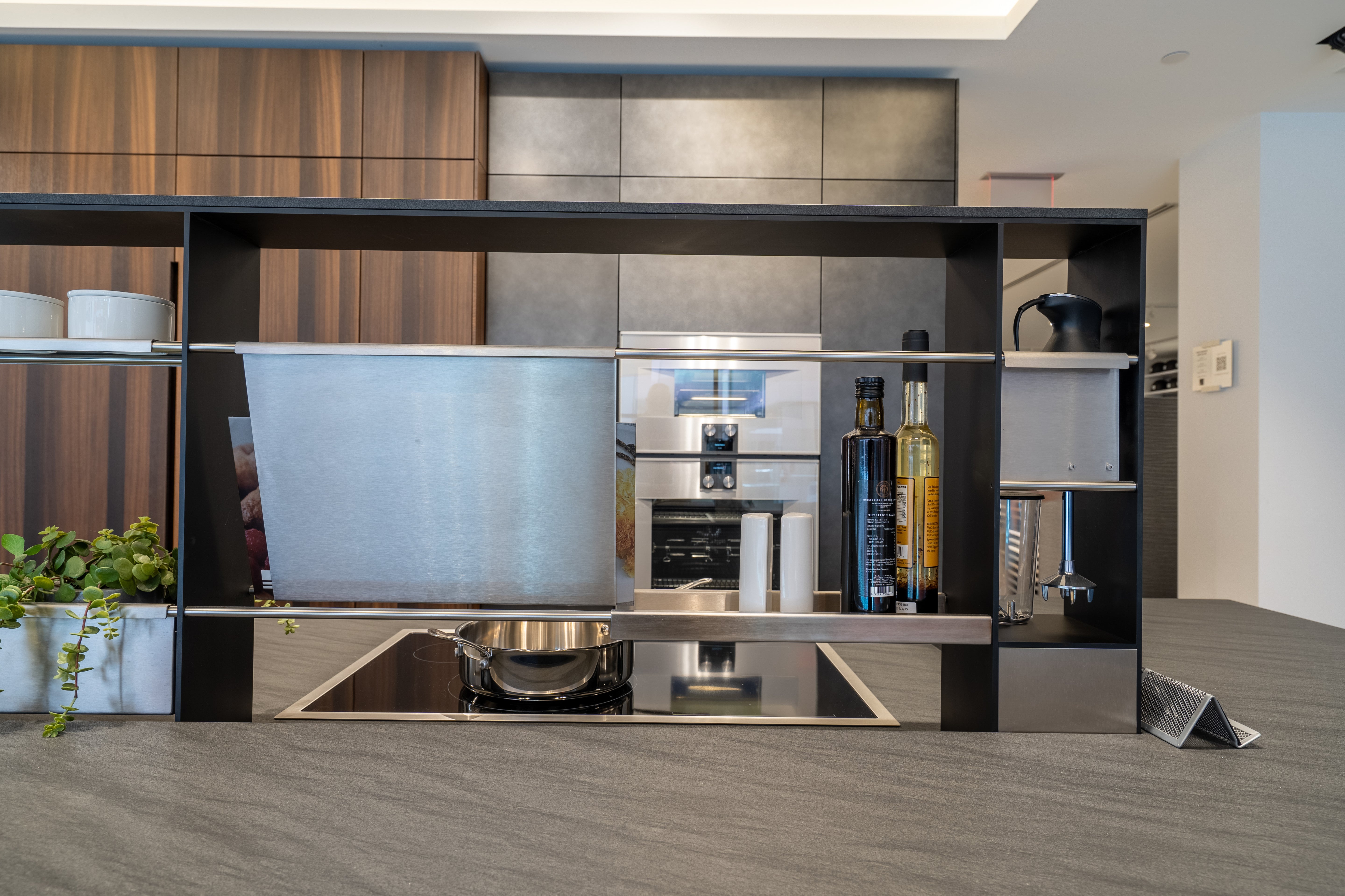 eggersmann Glance Glass and Carbono Stone Island Modern Smoked Oak Kitchen with Gaggenau Appliances