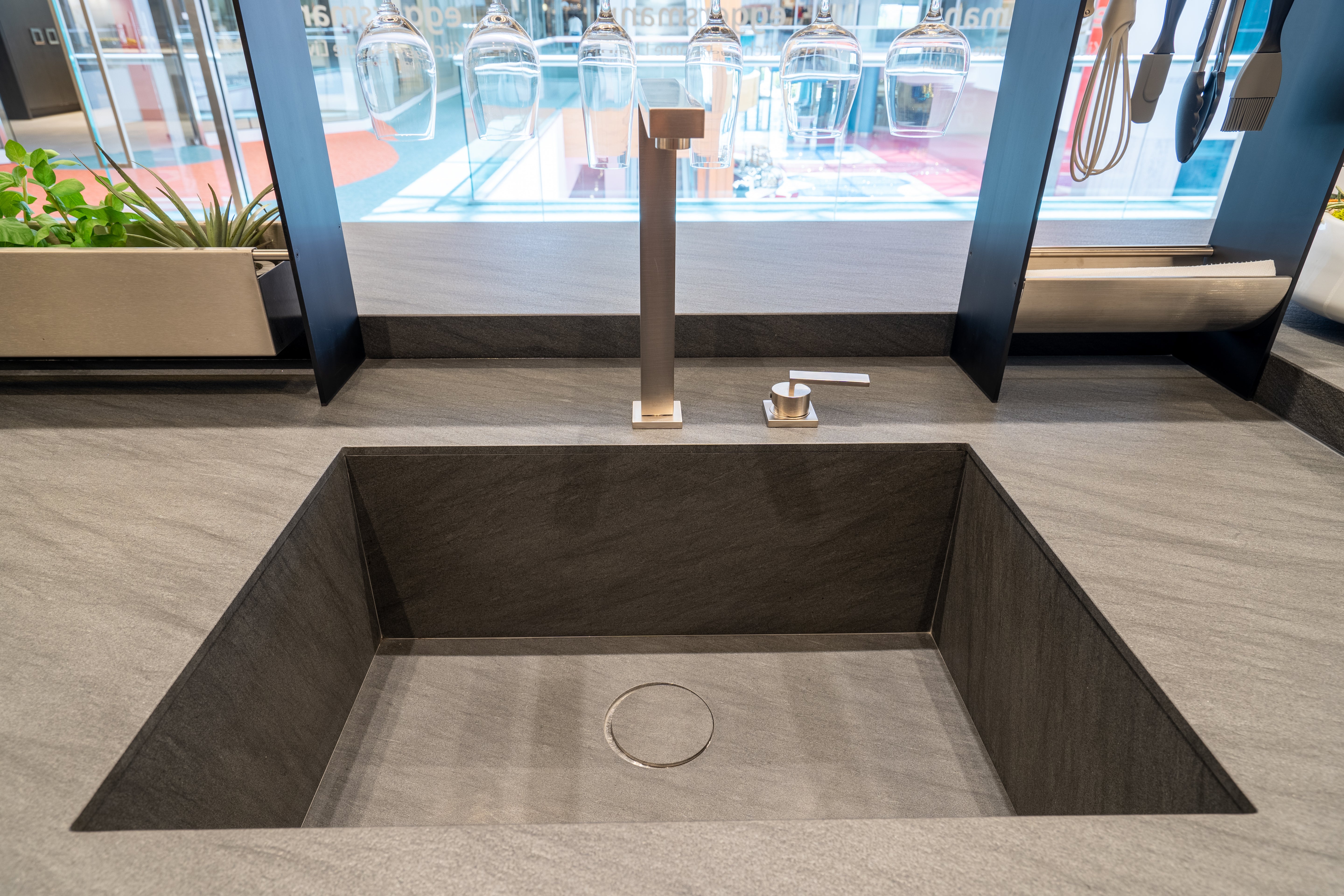 eggersmann Glance Glass and Carbono Stone Island Modern Smoked Oak Kitchen with Gaggenau Appliances