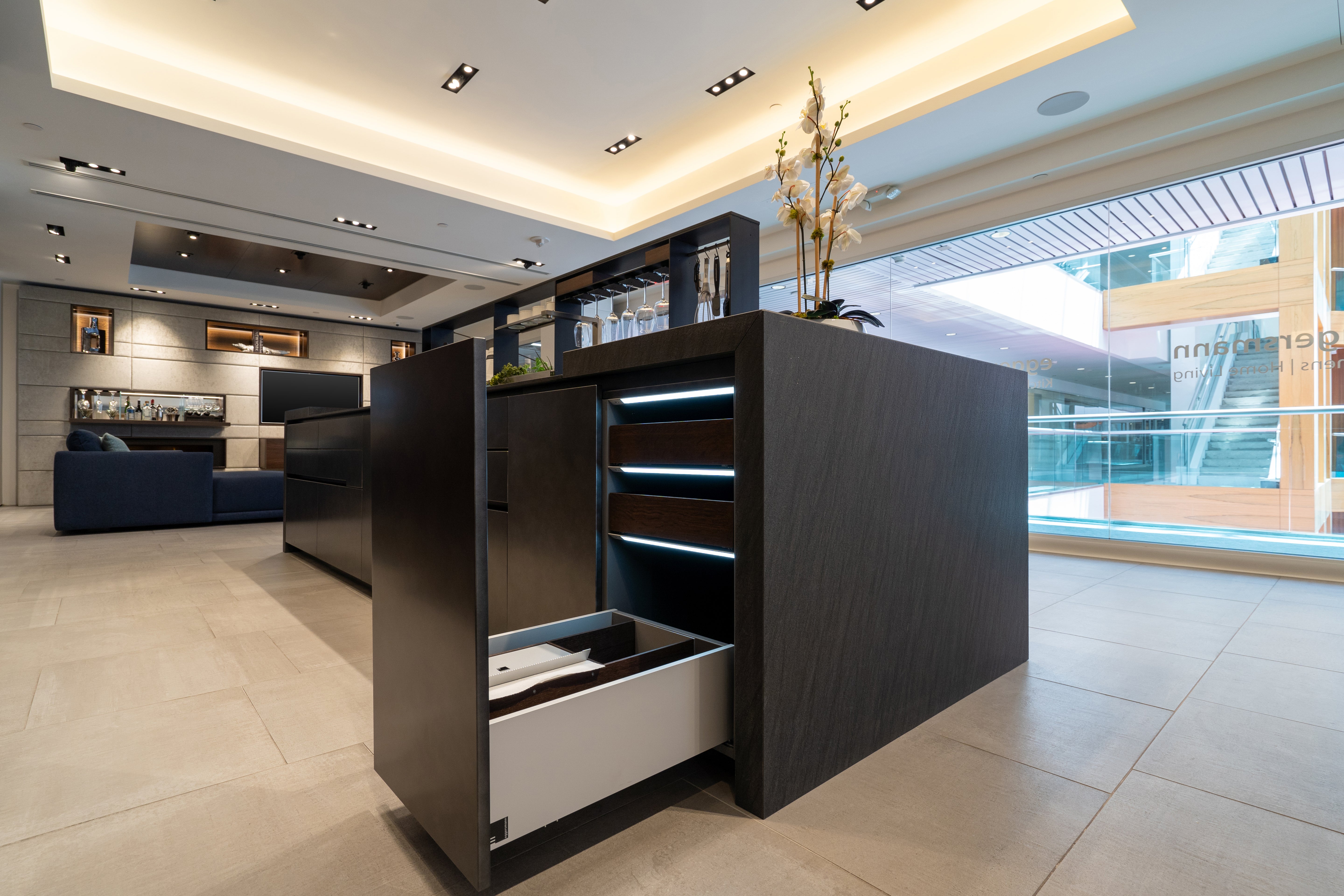 eggersmann Glance Glass and Carbono Stone Island Modern Smoked Oak Kitchen with Gaggenau Appliances